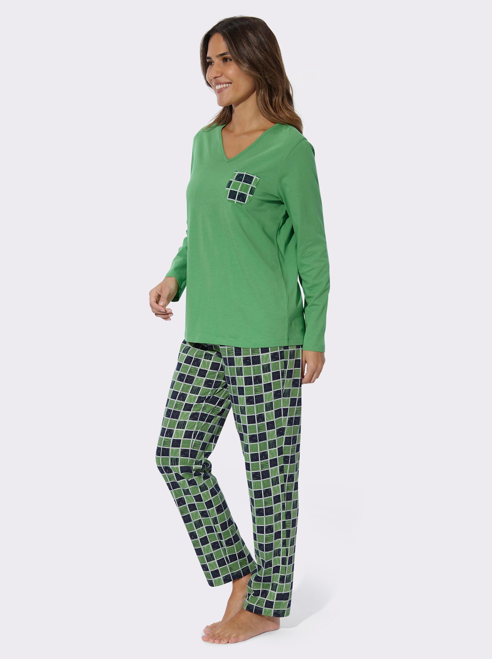 Schlafanzug mit gemusterter Brusttasche - apfel-marine-bedruckt