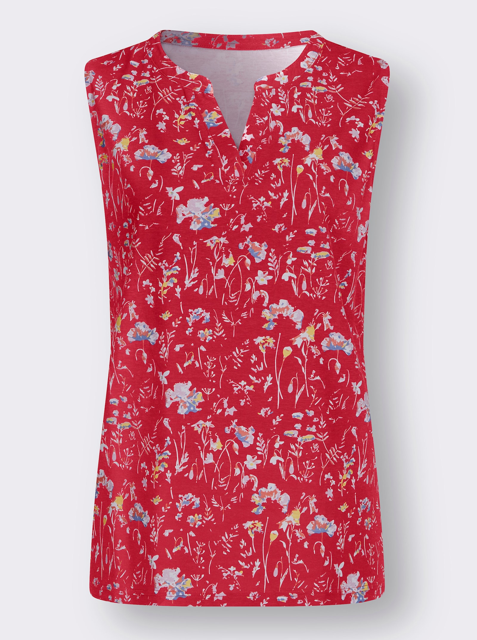 Shirttop mit Rundhals-Ausschnitt - rot-taubenblau-bedruckt