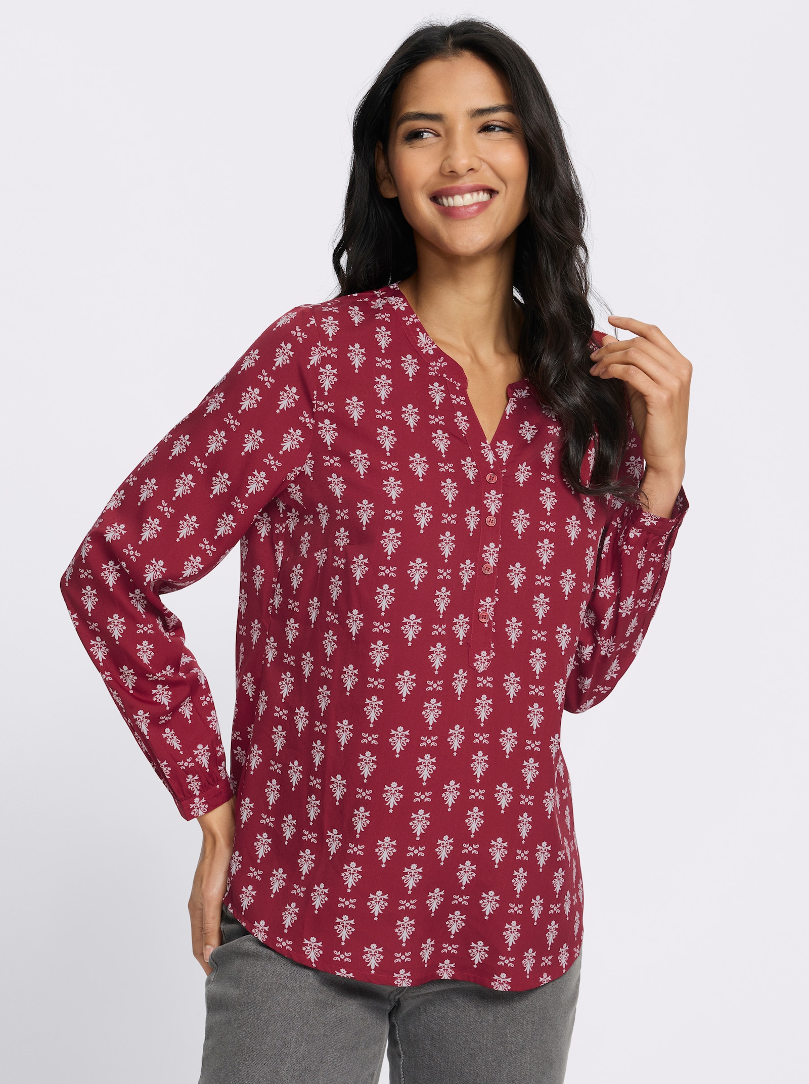 Schlupfbluse mit kurzer Knopfleiste - dunkelrot-ecru-bedruckt
