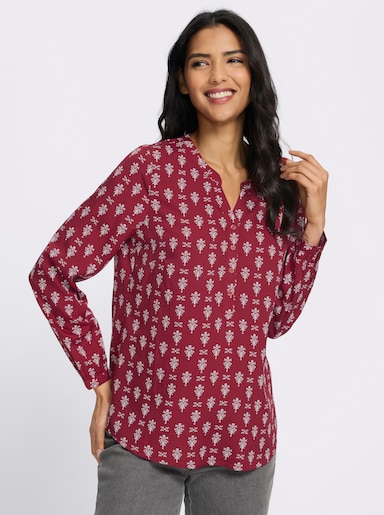 Schlupfbluse mit kurzer Knopfleiste - dunkelrot-ecru-bedruckt