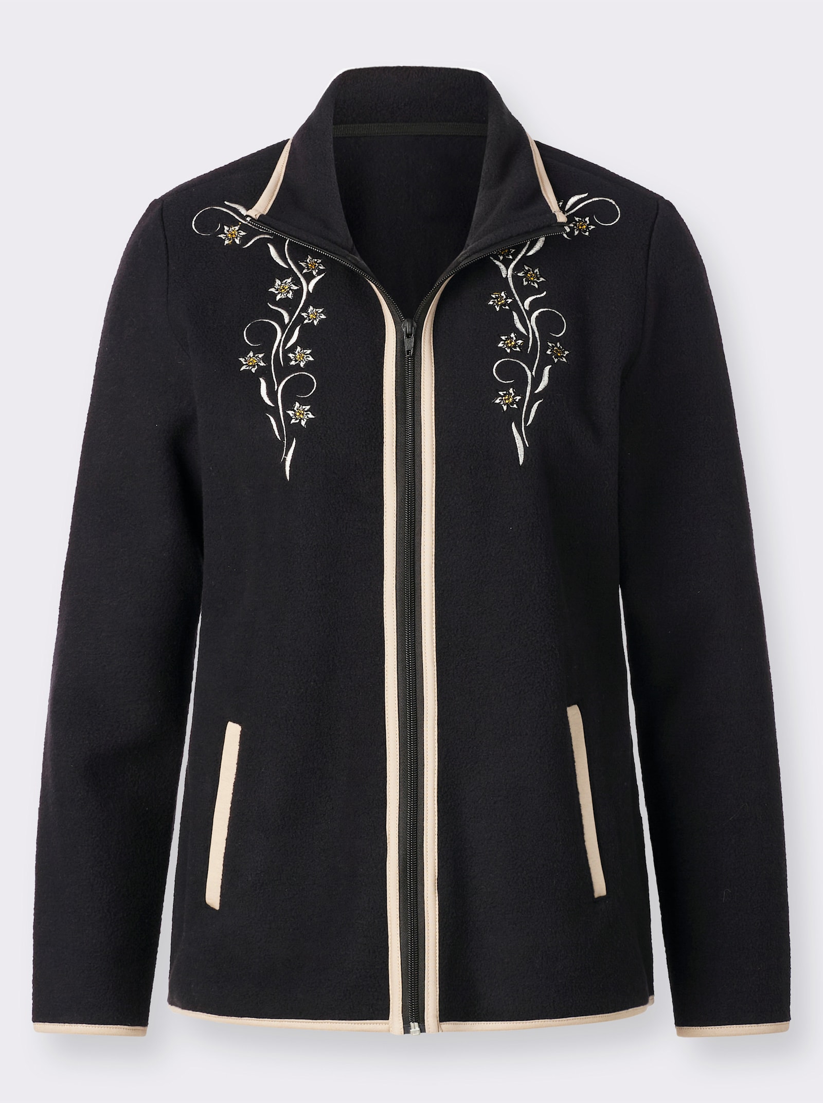 Fleecejack met borduursel - zwart/sesam
