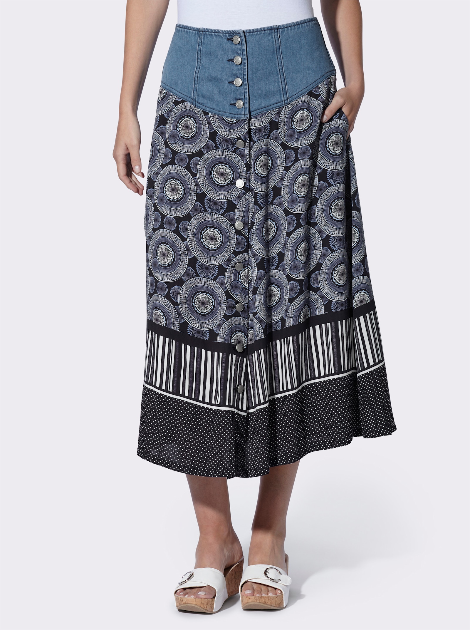 heine A-Linien-Rock mit Jeansbund - marine-ecru-bedruckt