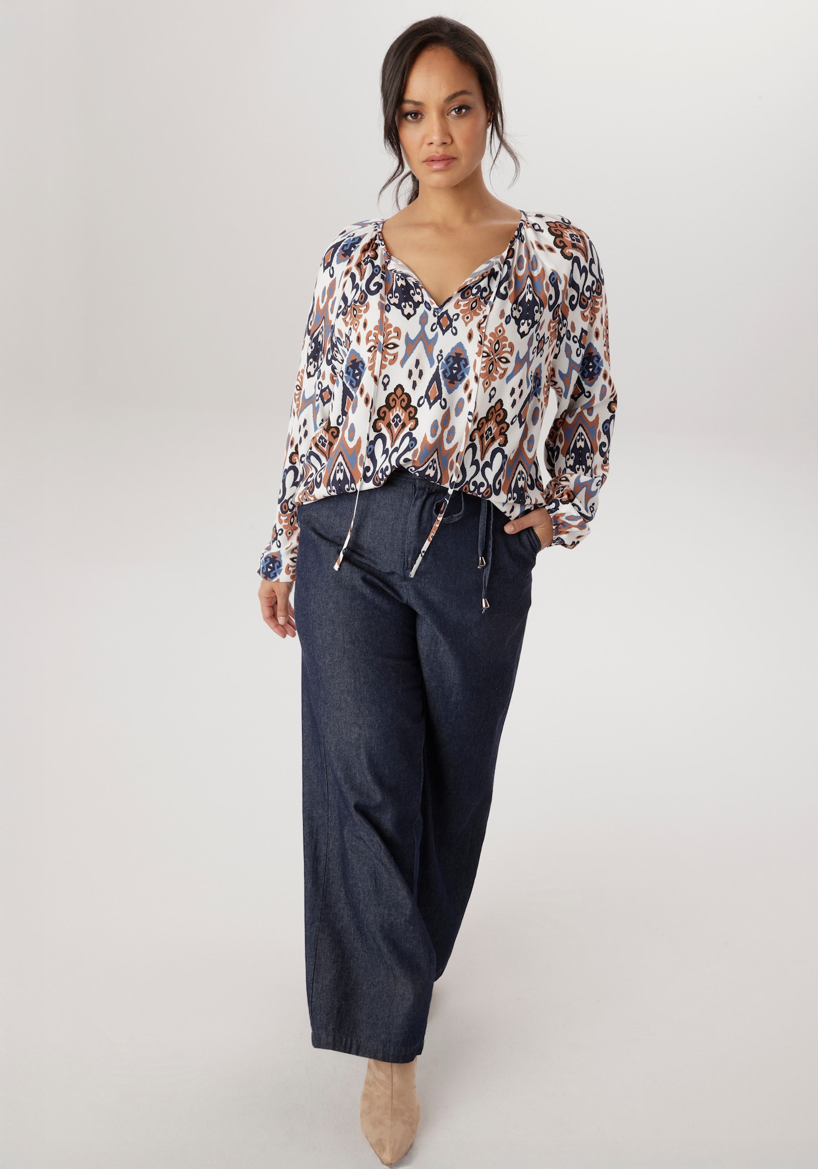 Aniston PLUS Schlupfbluse - weiß-blau-hellblau-braun-schwarz