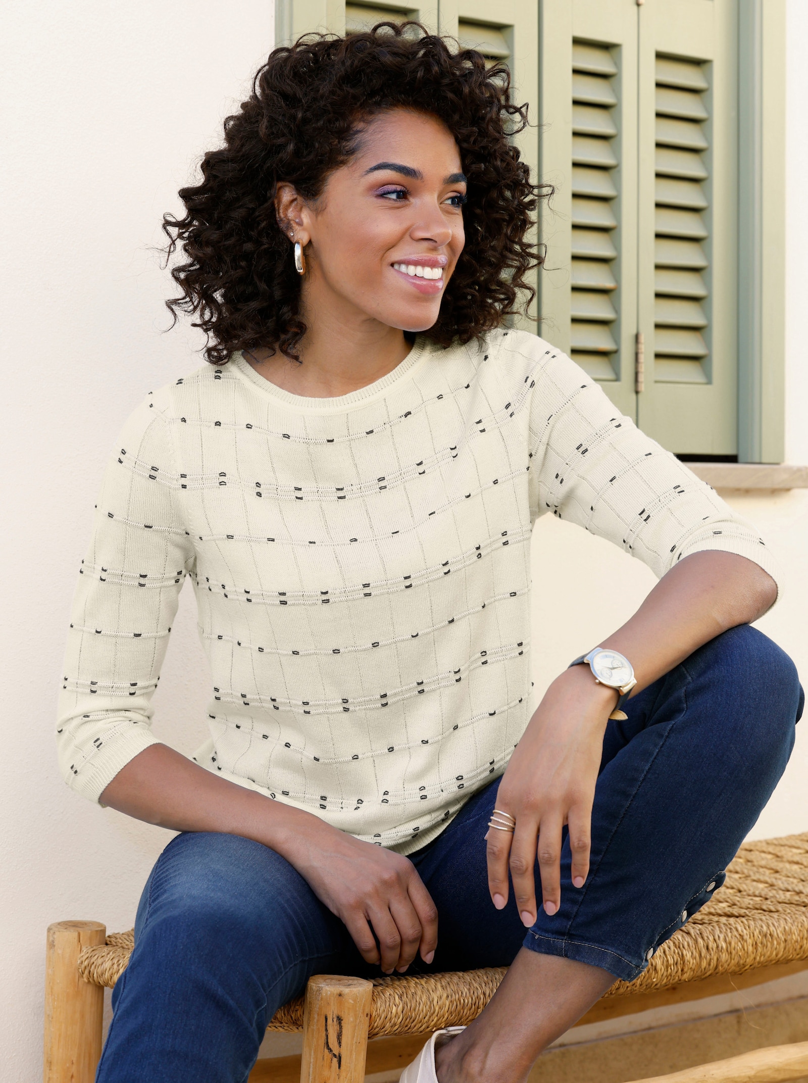 Svetr s 3/4 rukávem a pleteným vzorem - ecru-námořnická modrá-vzor