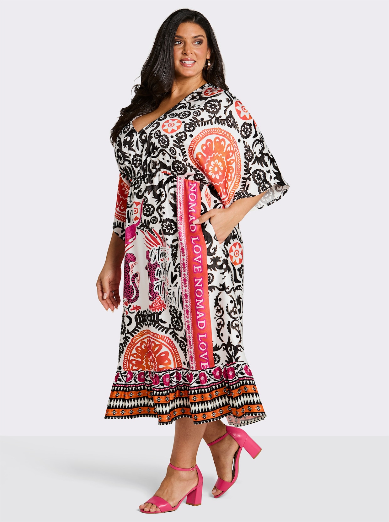 sheego loves miss goodlife Druckkleid mit luftigen Halbärmeln - ecru-schwarz-bedruckt