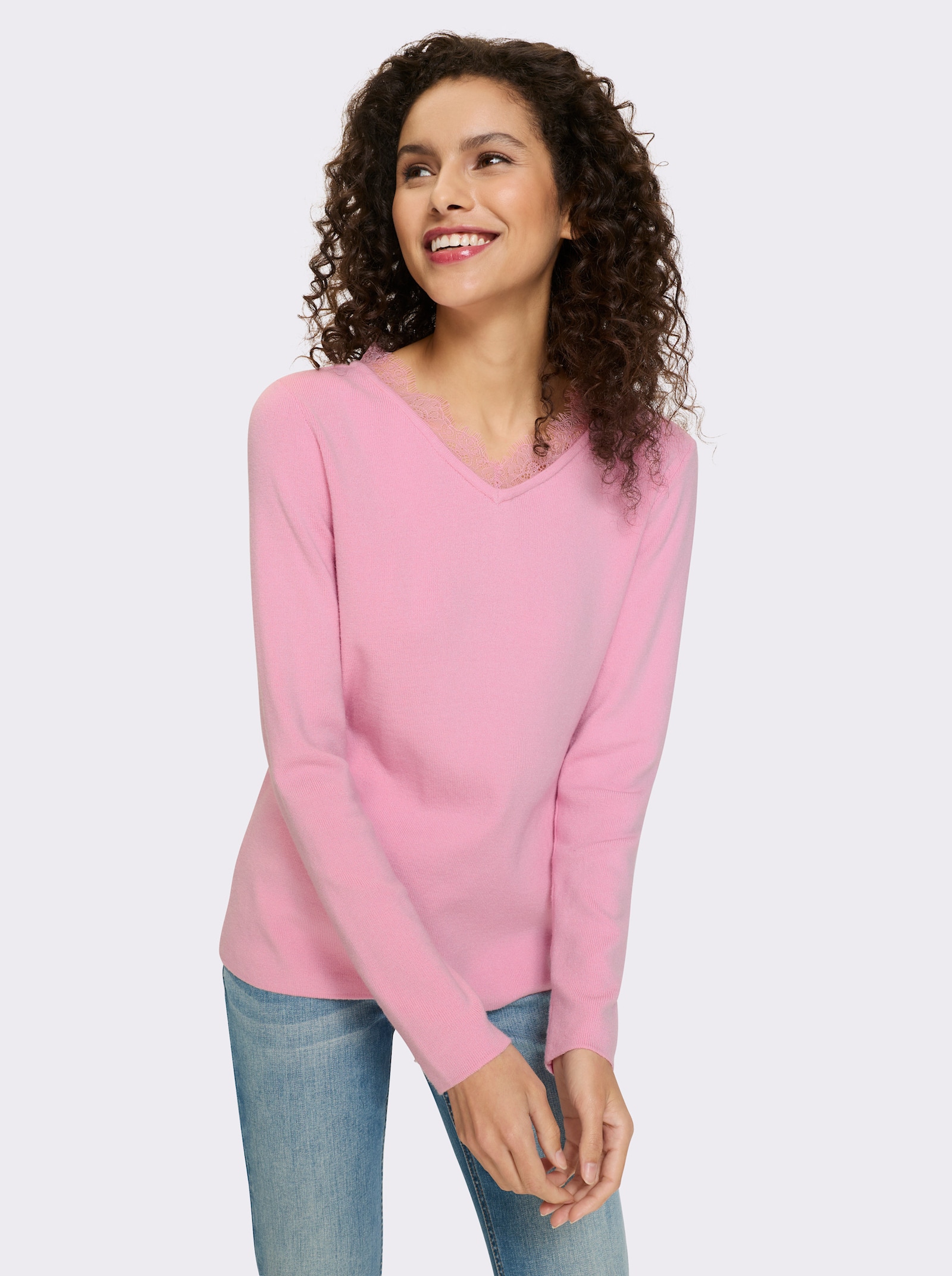 heine Pull en tricot fin avec bordure en dentelle - rose