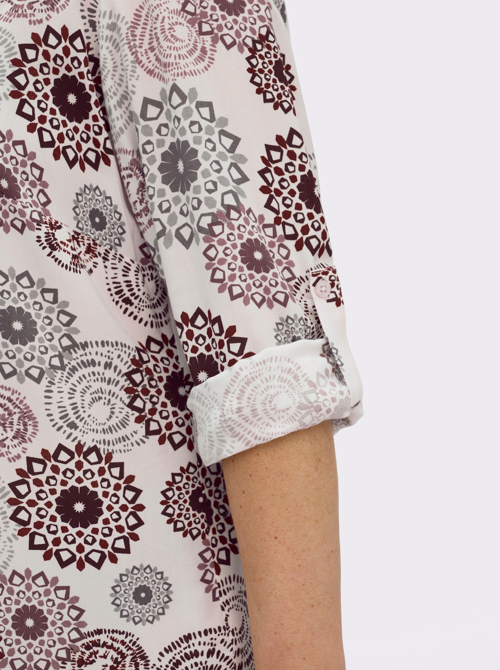 Langarmbluse mit Krempelfunktion - ecru-burgund-bedruckt