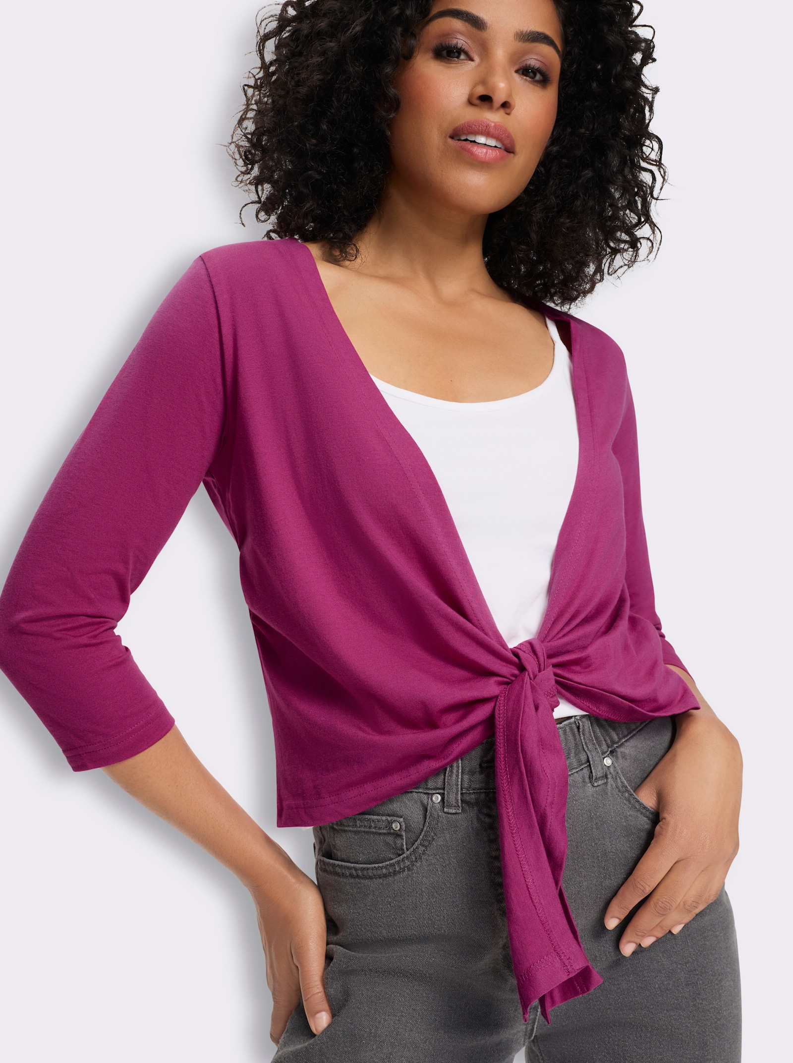 Shirtjacke mit Saum zum Knoten - magenta