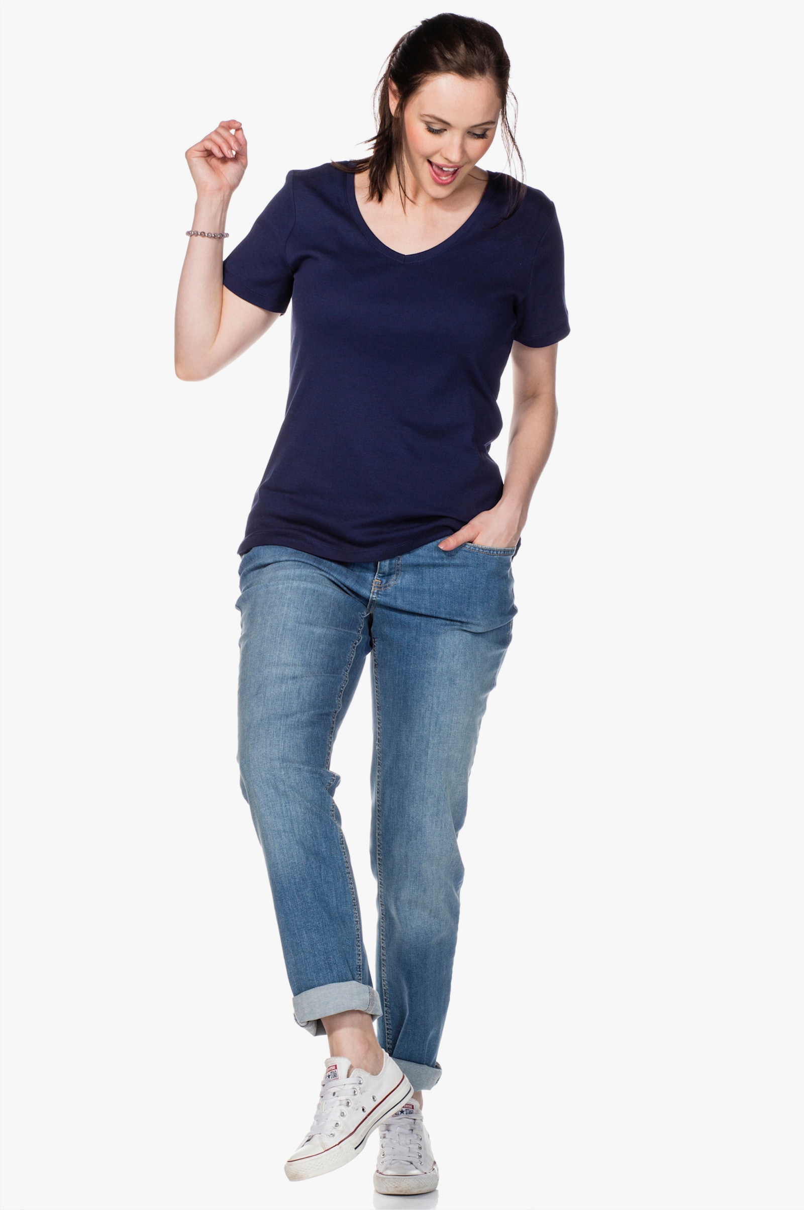 sheego T-shirt met V-hals, ribmateriaal - marine