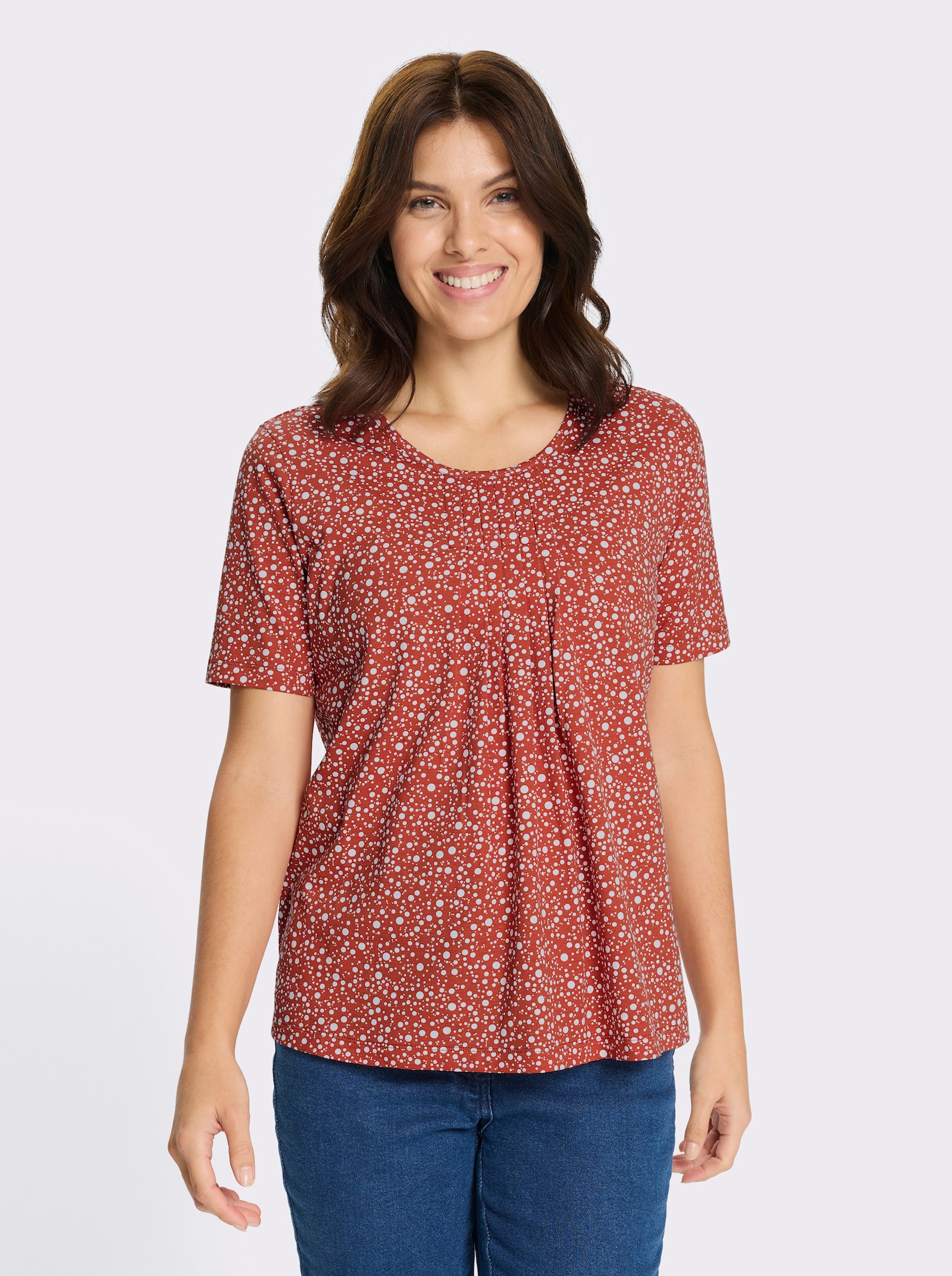 Kurzarmshirt im Punktedessin - rostrot-weiß-bedruckt