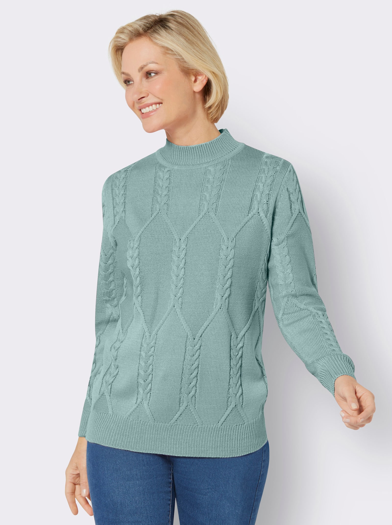 Langarm-Pullover mit Zopfmuster - kalkmint