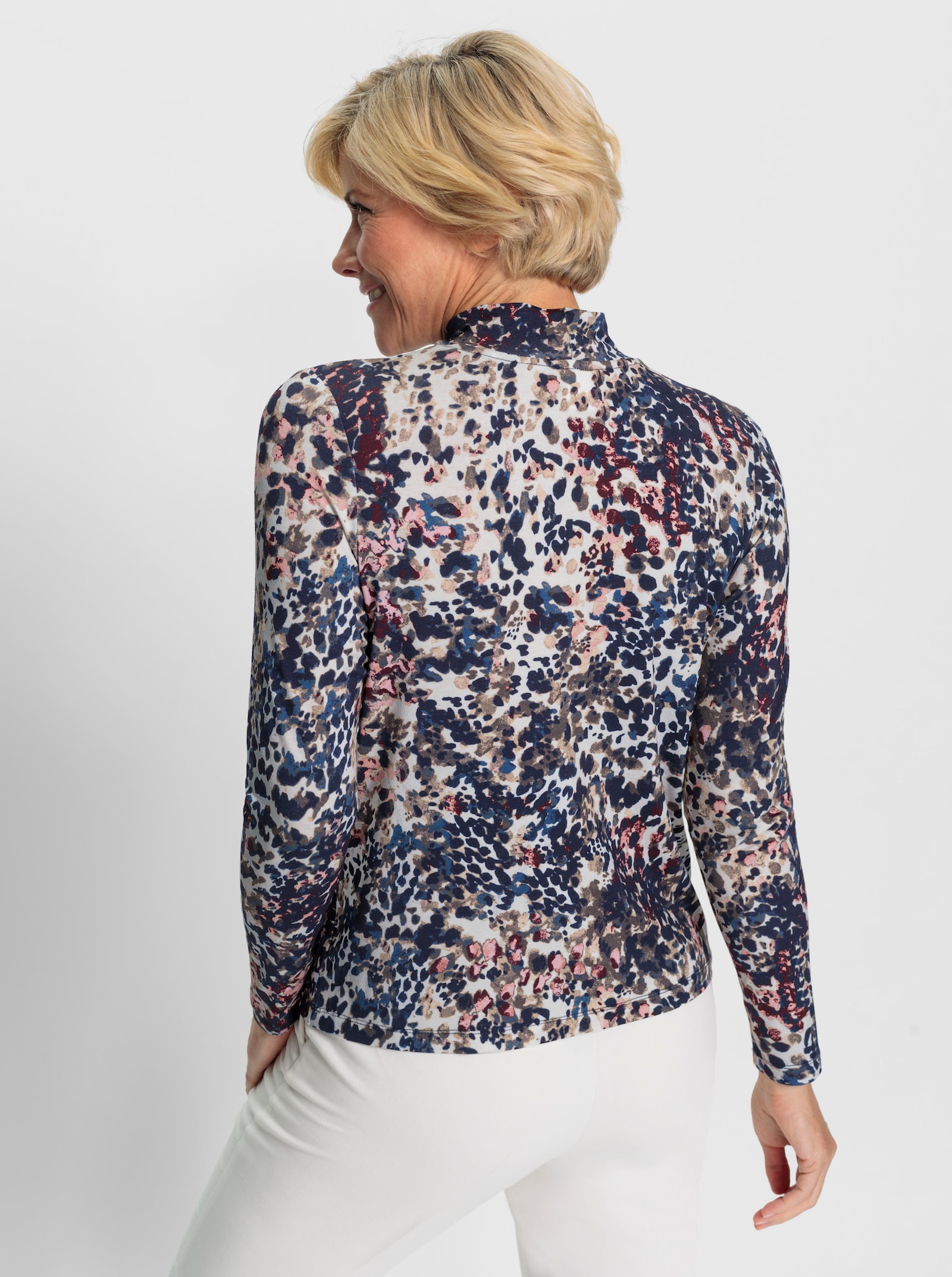 Stehkragenshirt in ECOVERO-Qualität von Lenzing - marine-taupe-bedruckt