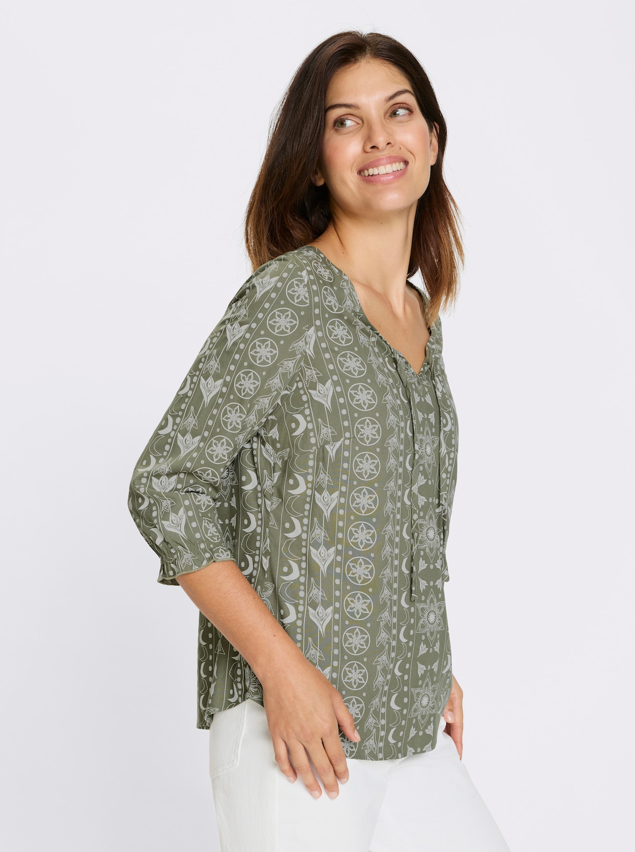 Schlupfbluse - khaki-ecru-bedruckt