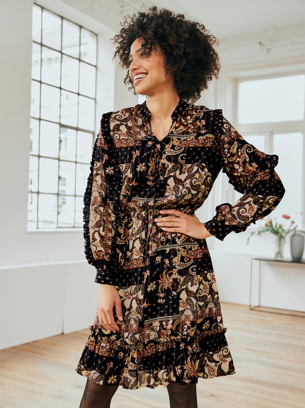 heine Druck-Kleid - schwarz-rotbraun-bedruckt