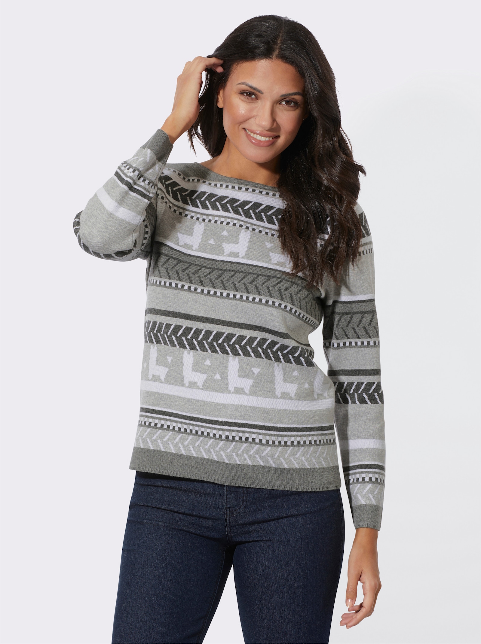 Jacquard-Pullover mit Lamas - hellgrau-graphit-gemustert