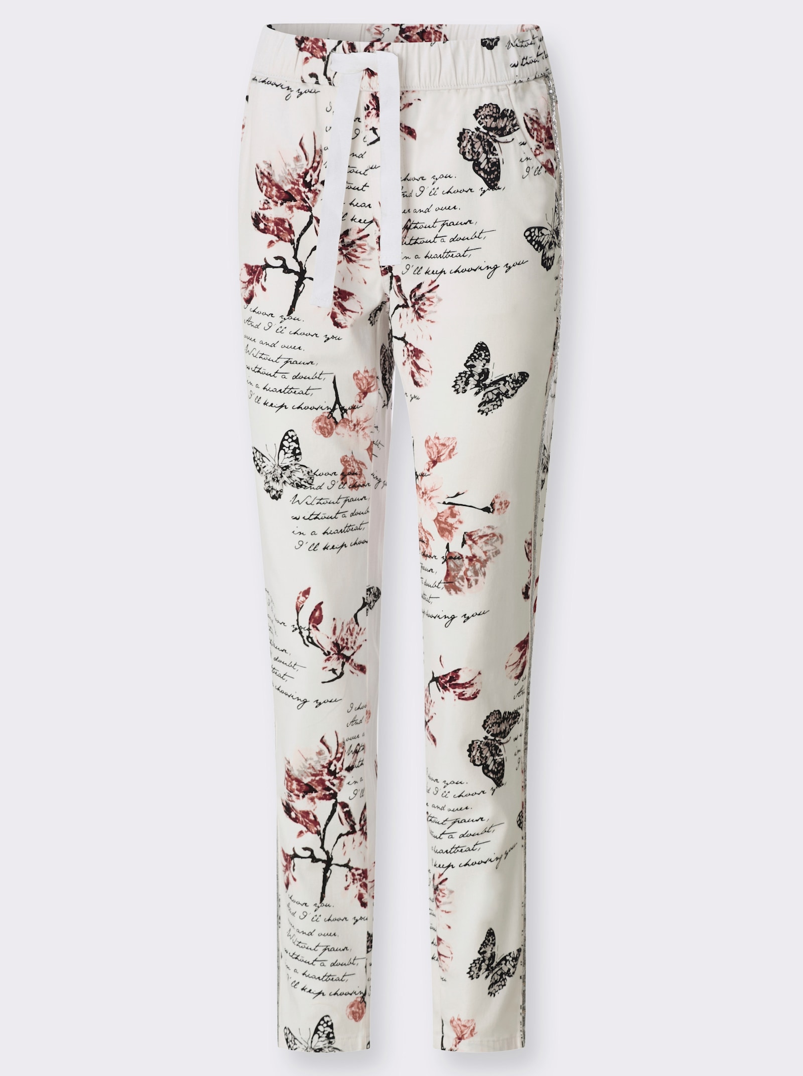 7/8-Hose mit floralem und Lettering-Druck - ecru-schwarz-bedruckt