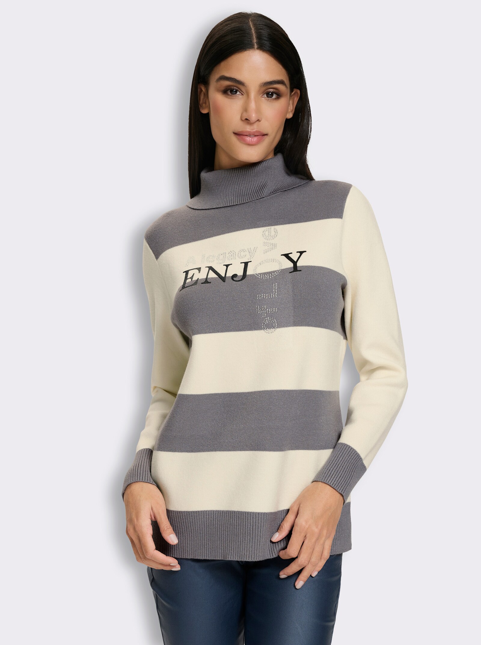 heine Rollkragenpullover mit Blockstreifen - grau-champagner-gestreift
