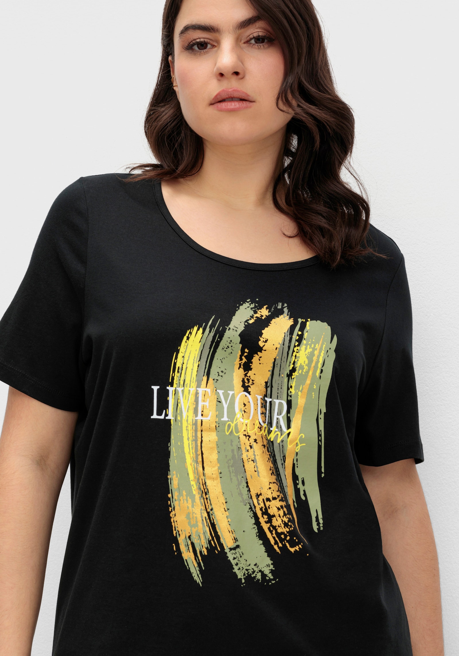 Kurzarmshirt mit Glitzer-Print - schwarz-limone