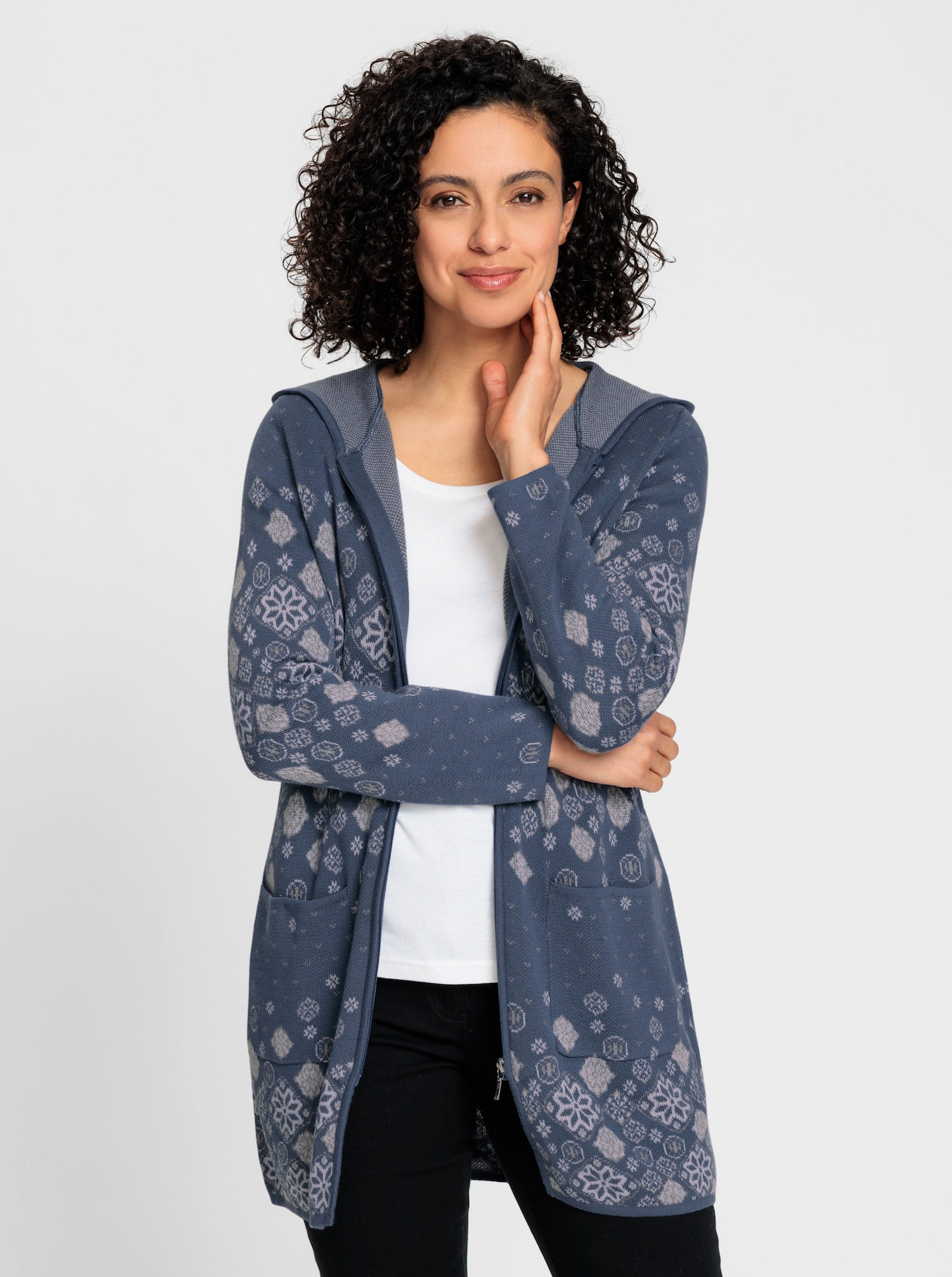 Longstrickjacke mit Jacquard-Strickmuster - rauchblau-gemustert