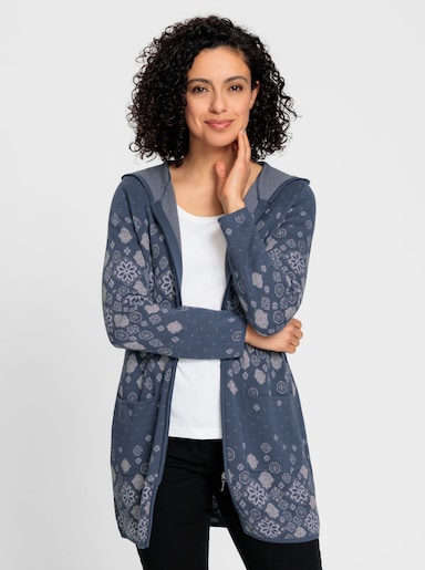 Longstrickjacke mit Jacquard-Strickmuster - rauchblau-gemustert