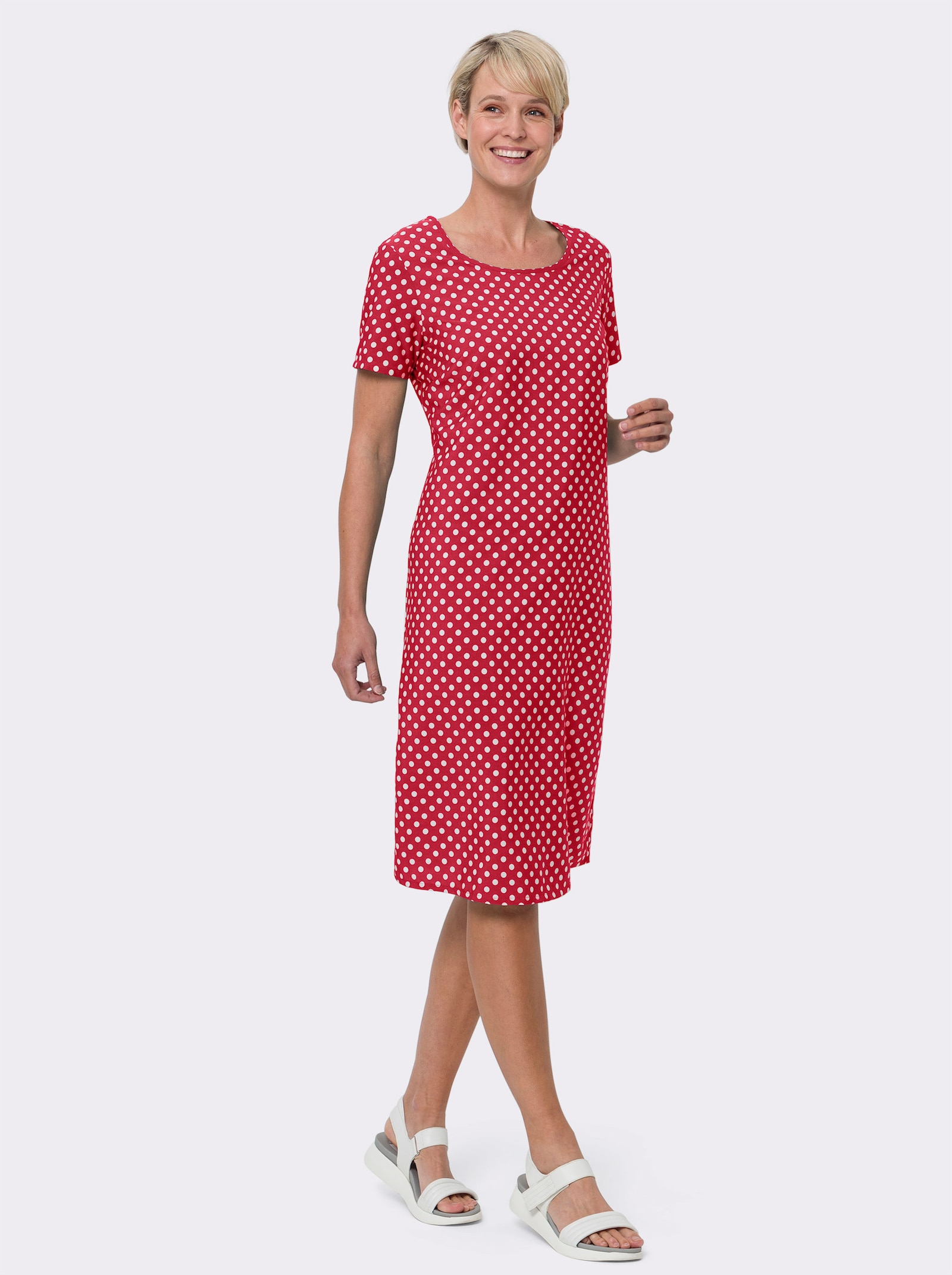 Geweven jurk met uitlopende snit, gestippeld - rood/wit gestippeld
