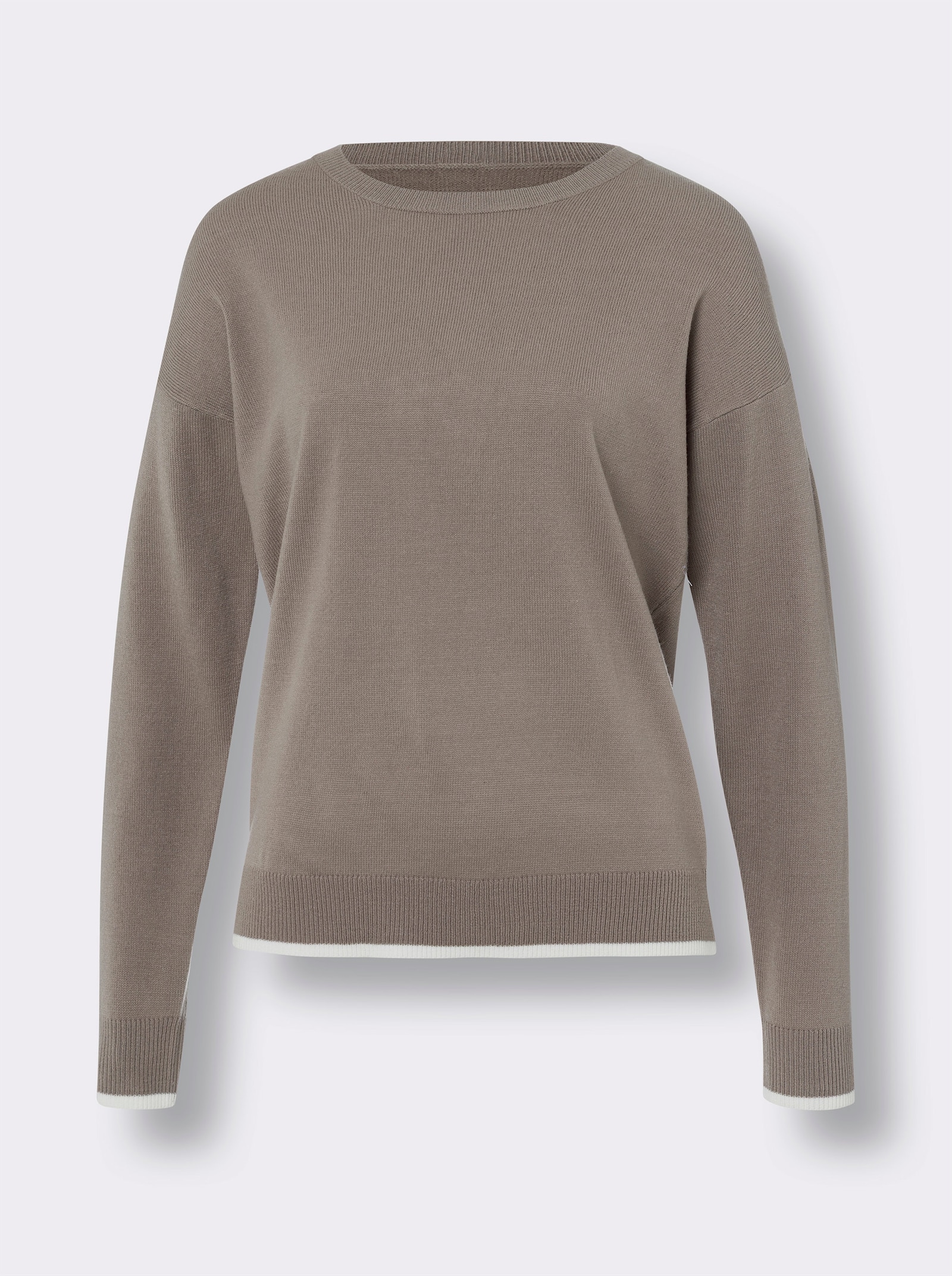 Langarm-Pullover mit Kontraststreifen - taupe-ecru