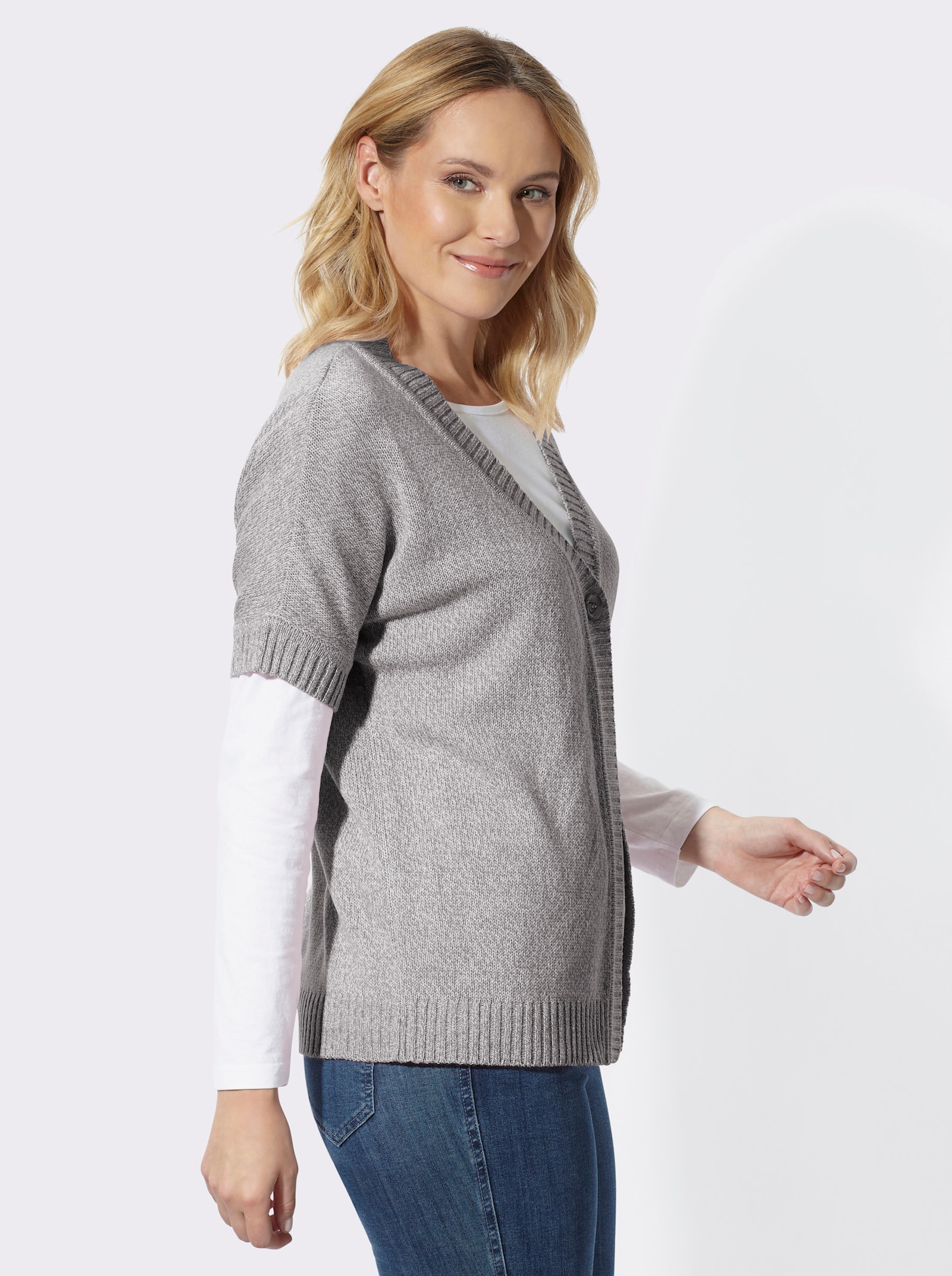 Strickjacke mit Fledermaus-Ärmeln - steingrau-ecru-meliert