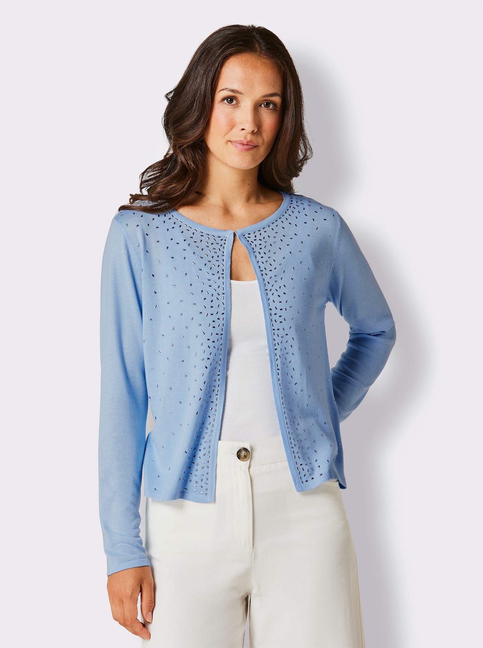 CREATION L PREMIUM Feinstrickjacke mit Verzierungen vorne - hellblau