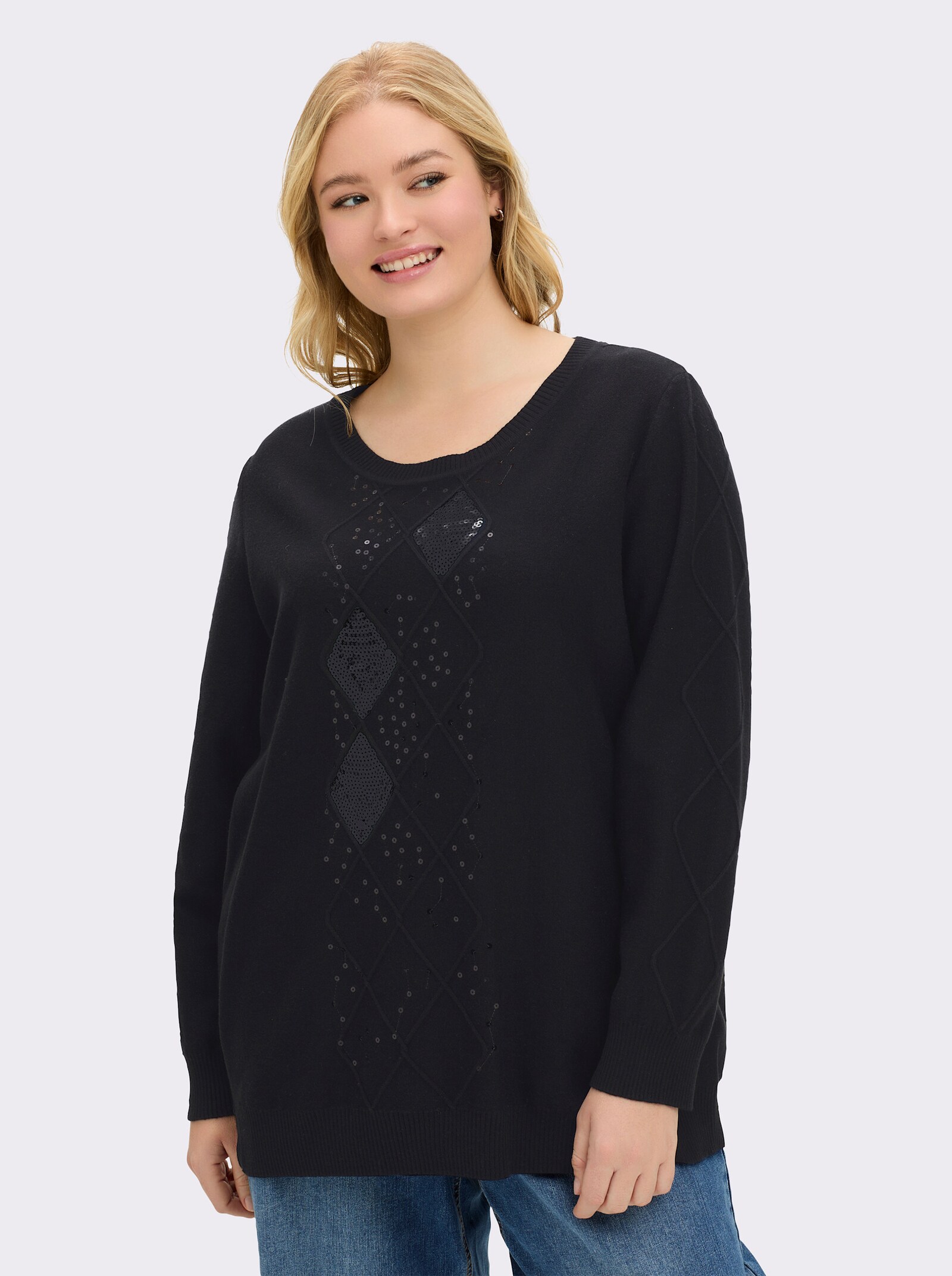 sheego Pullover mit Rautenmuster und Glitzersteinchen - schwarz