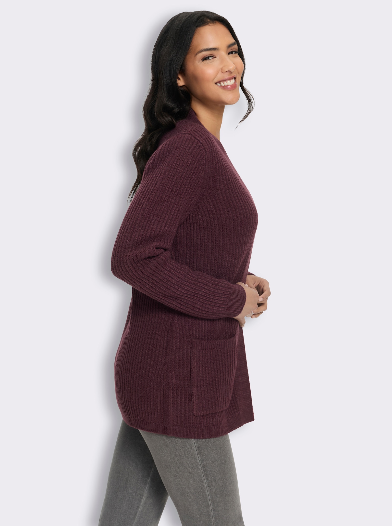 Strickjacke in gerippter Grobstrick-Optik - burgund