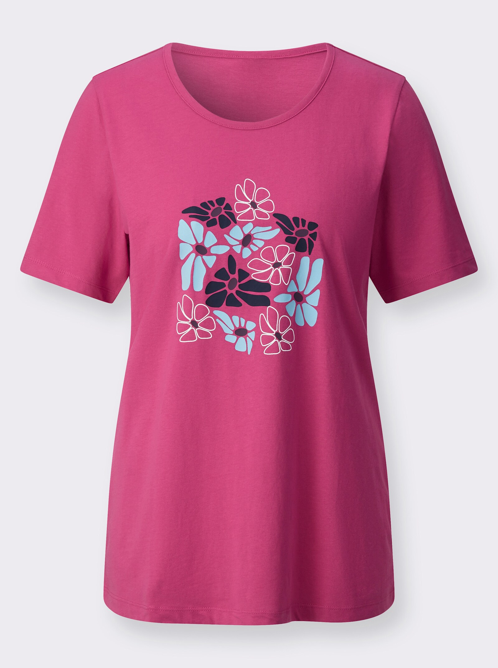 Kurzarmshirt mit platziertem Blumen-Print - fuchsia