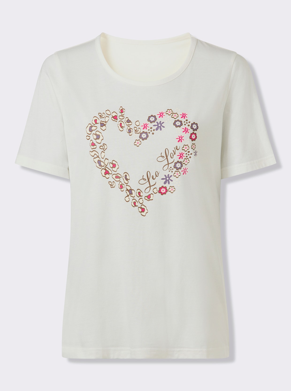 Rundhalsshirt mit Herzprint - ecru-braun-bedruckt