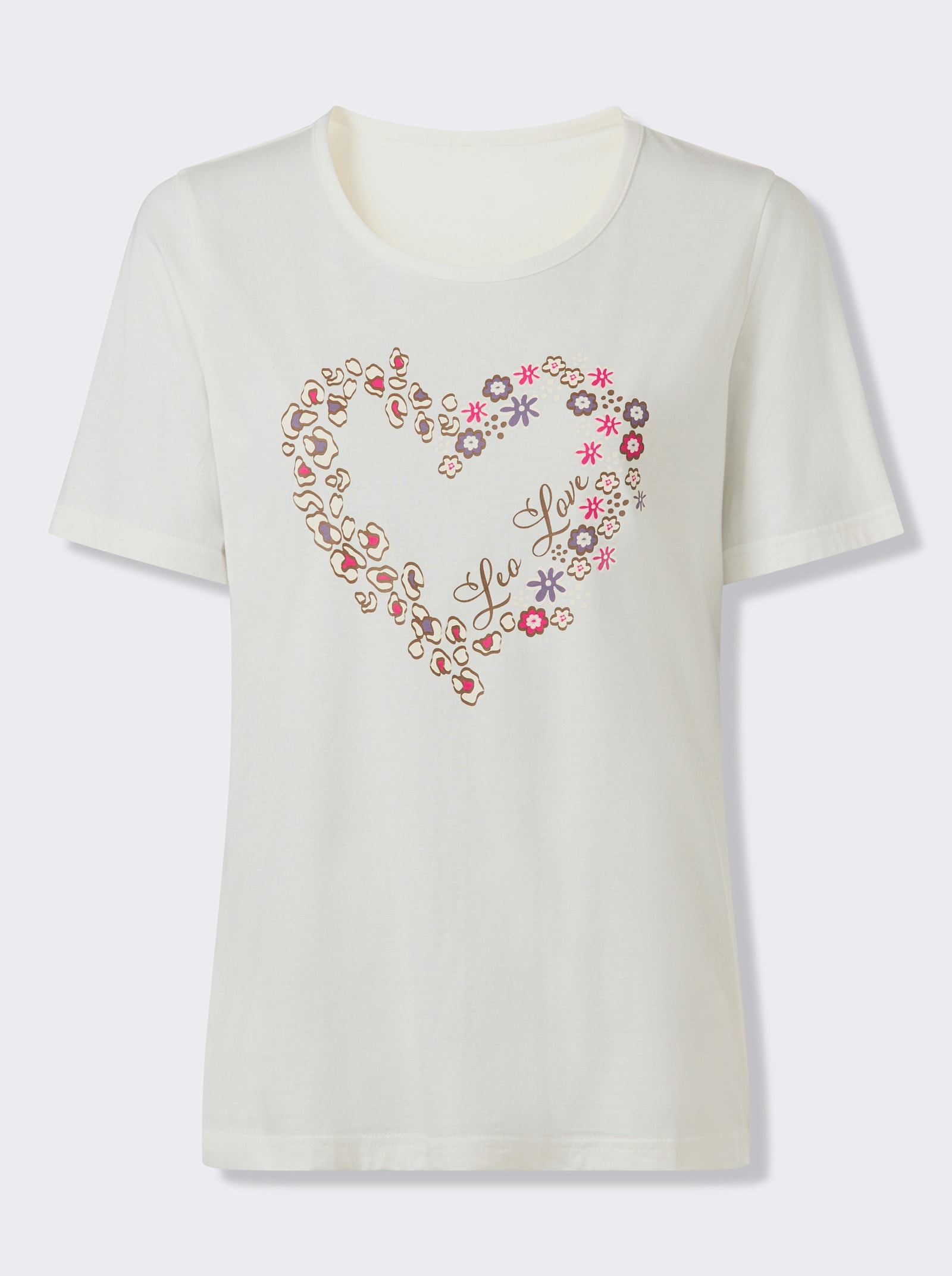 Topp med rund halsringning och hjärtan - gräddvit-brun, tryckt