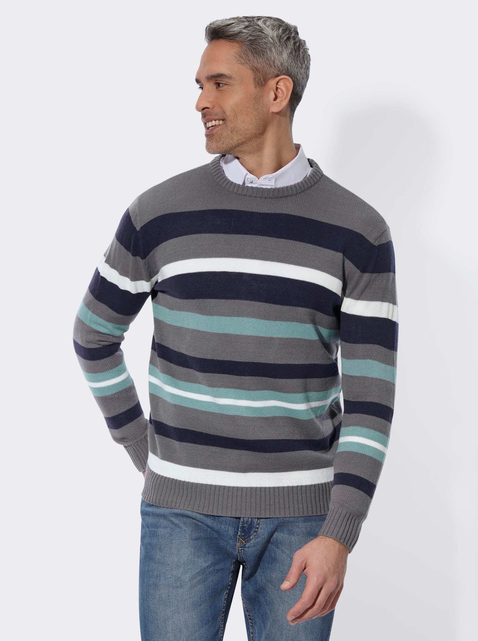 Rundhalspullover im Ringel-Dessin - anthrazit-jade-gemustert