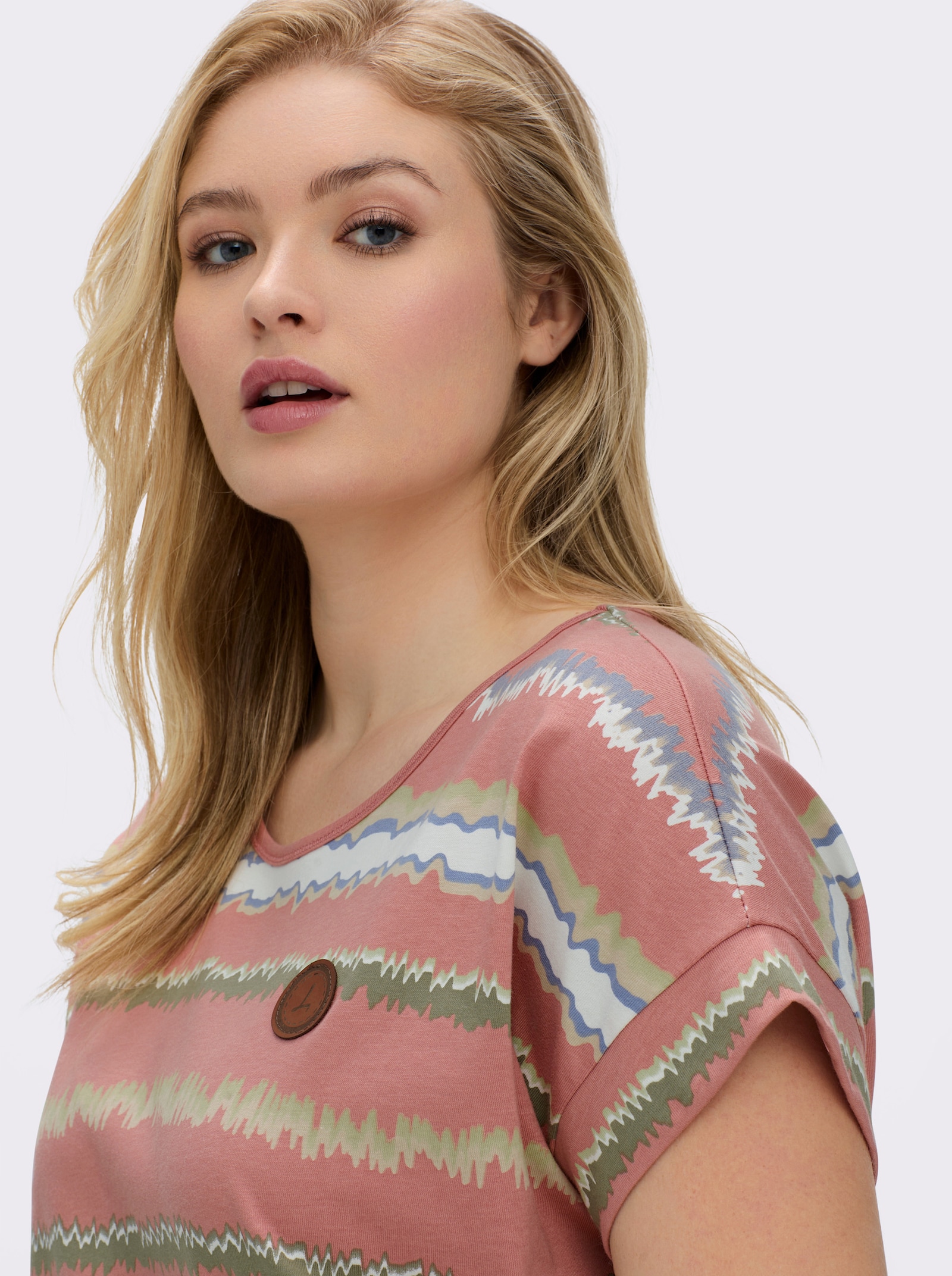 Print-Shirt mit Ziernähten, geringelt - rosenholz-ecru-bedruckt