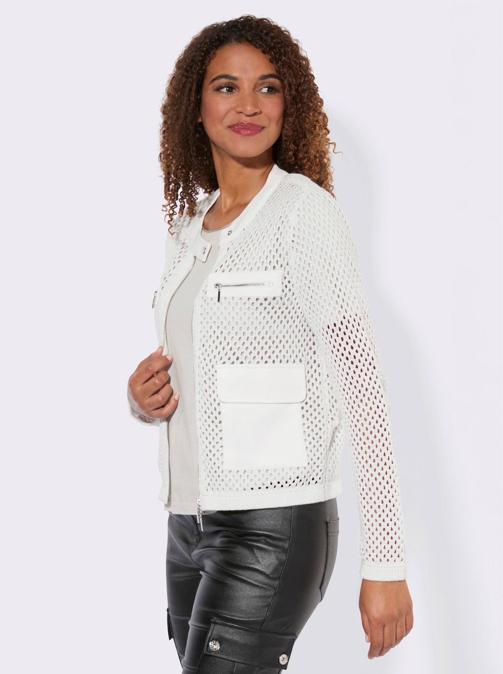 Ajourstrickjacke mit Glanzgarn-Akzenten - weiß