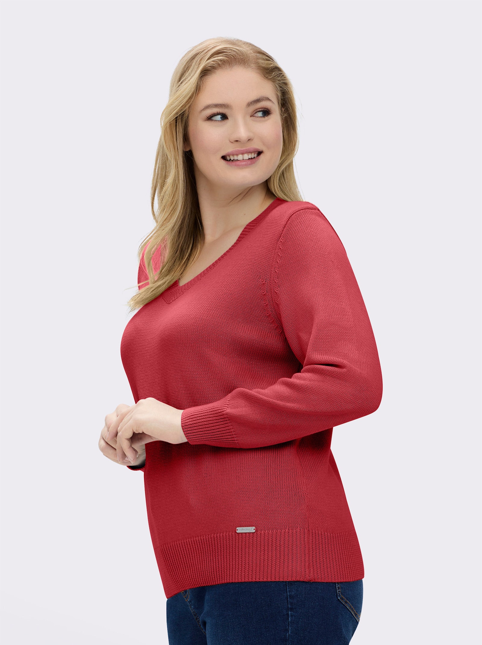 V-Ausschnitt-Pullover mit Baumwolle - korallenrot