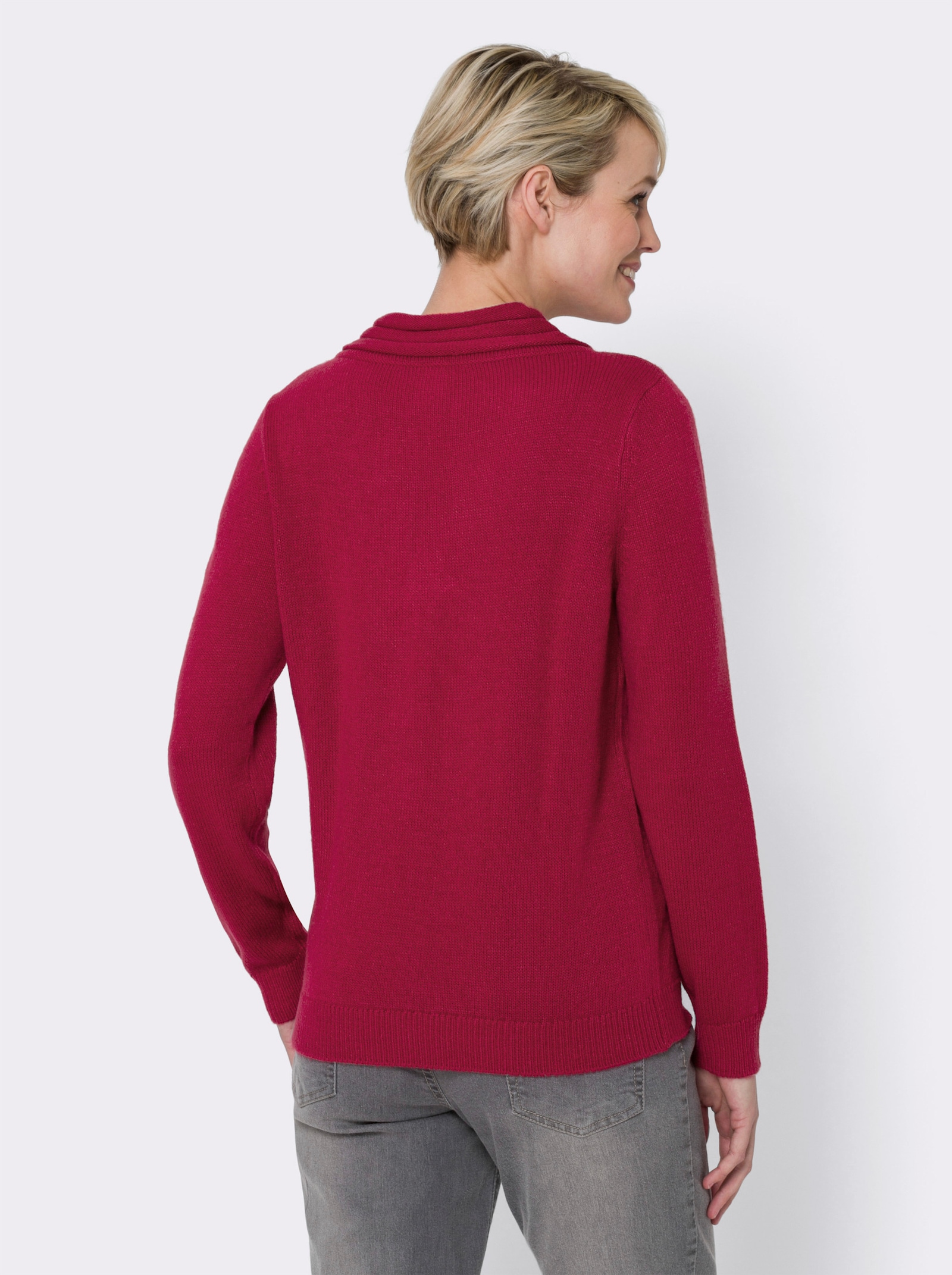 V-Ausschnitt-Pullover mit Rollkante - himbeere