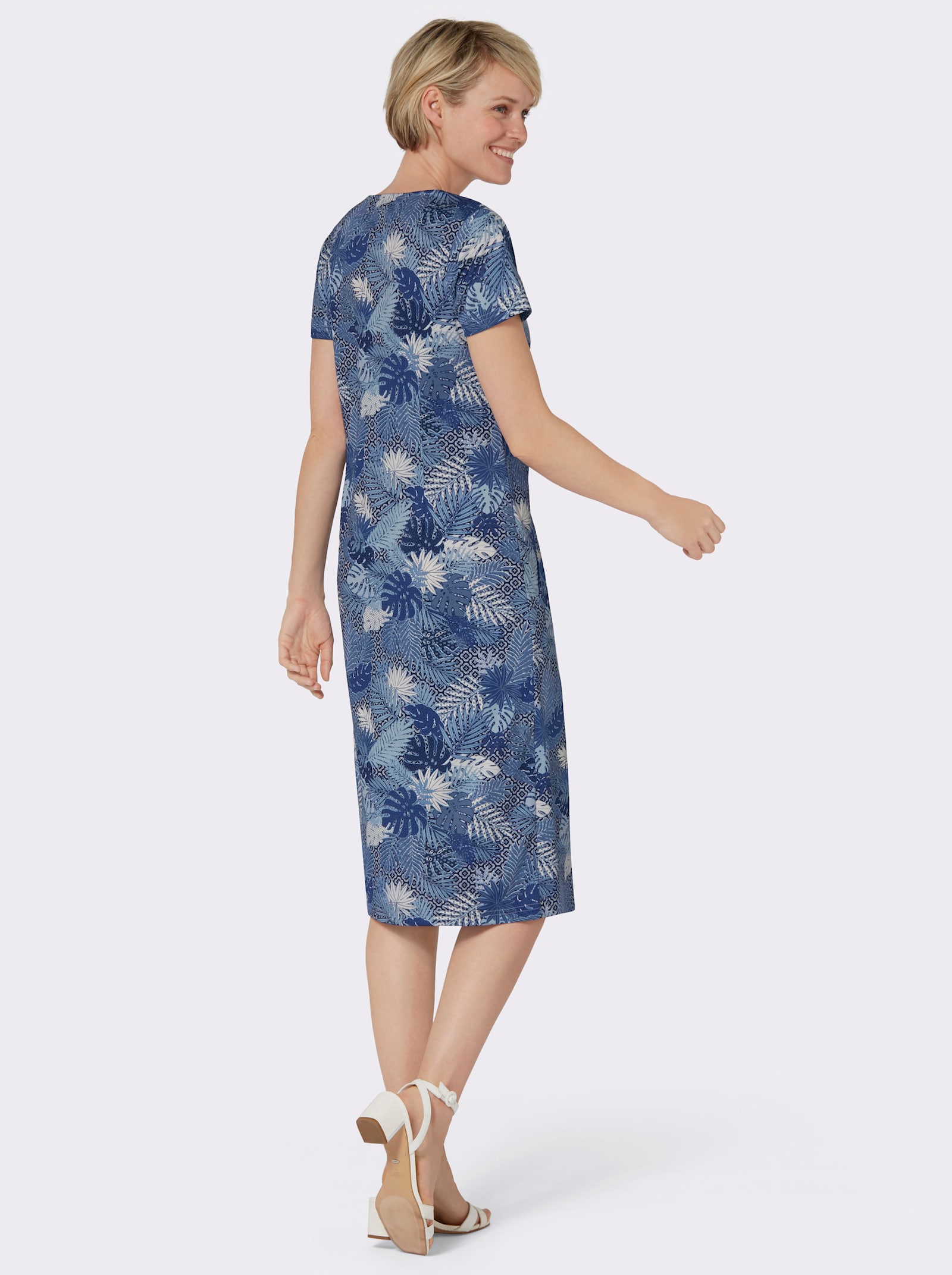 Jerseykleid mit Blättermuster - bleu-royalblau-bedruckt