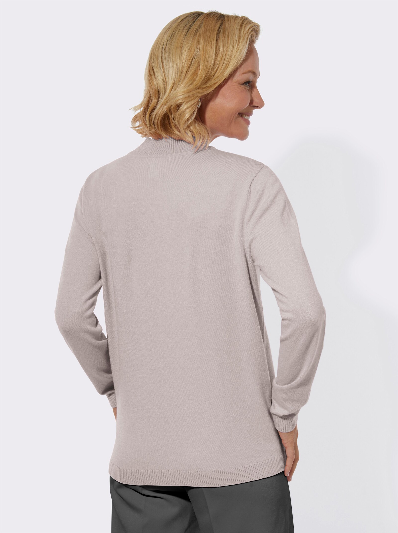 Stehkragenpullover mit Rippmuster und Glitzersteinchen - hellgrau