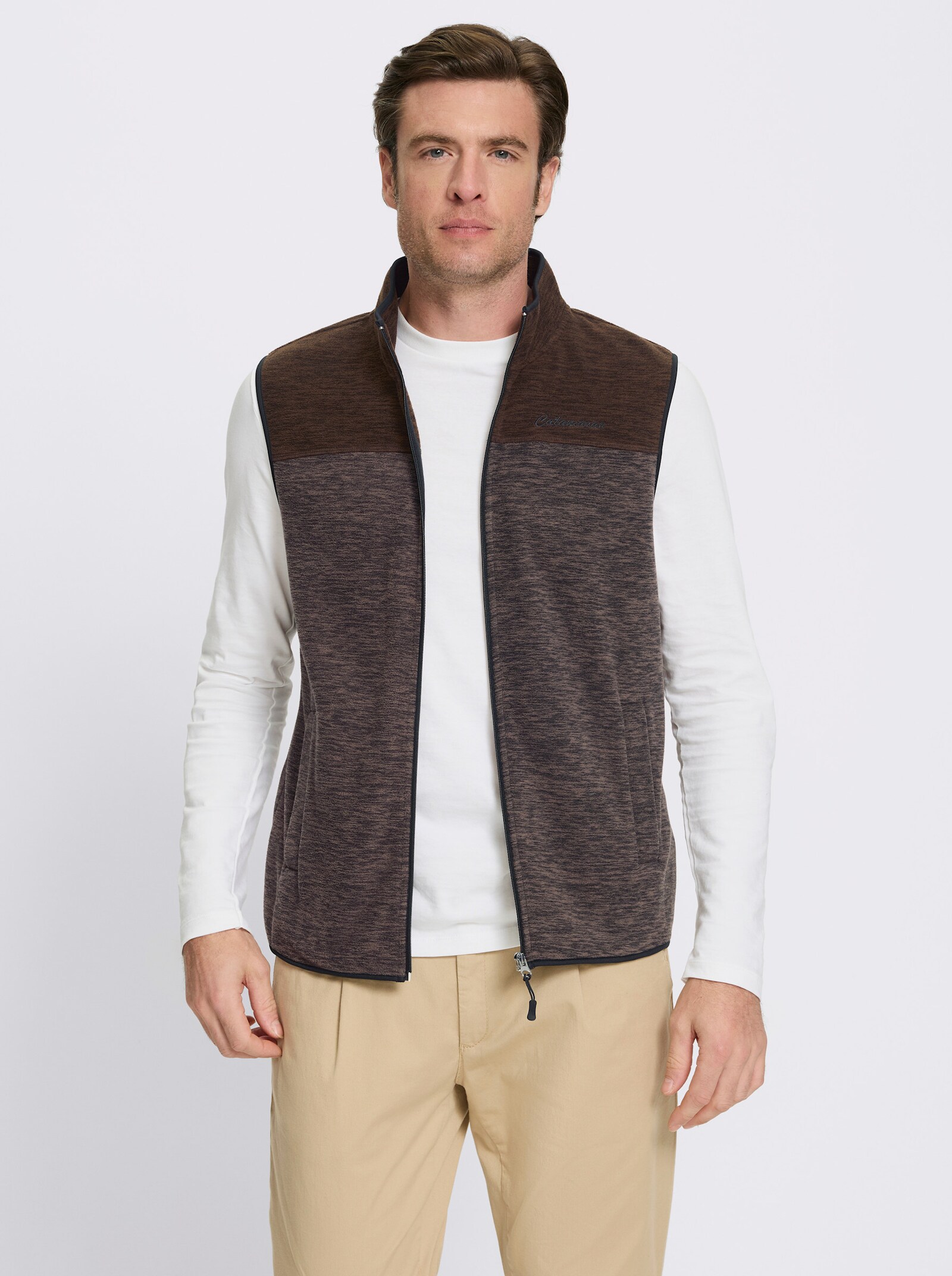 Catamaran Fleecejacke mit kontrastfarbiger Stickerei - dunkeltaupe-meliert