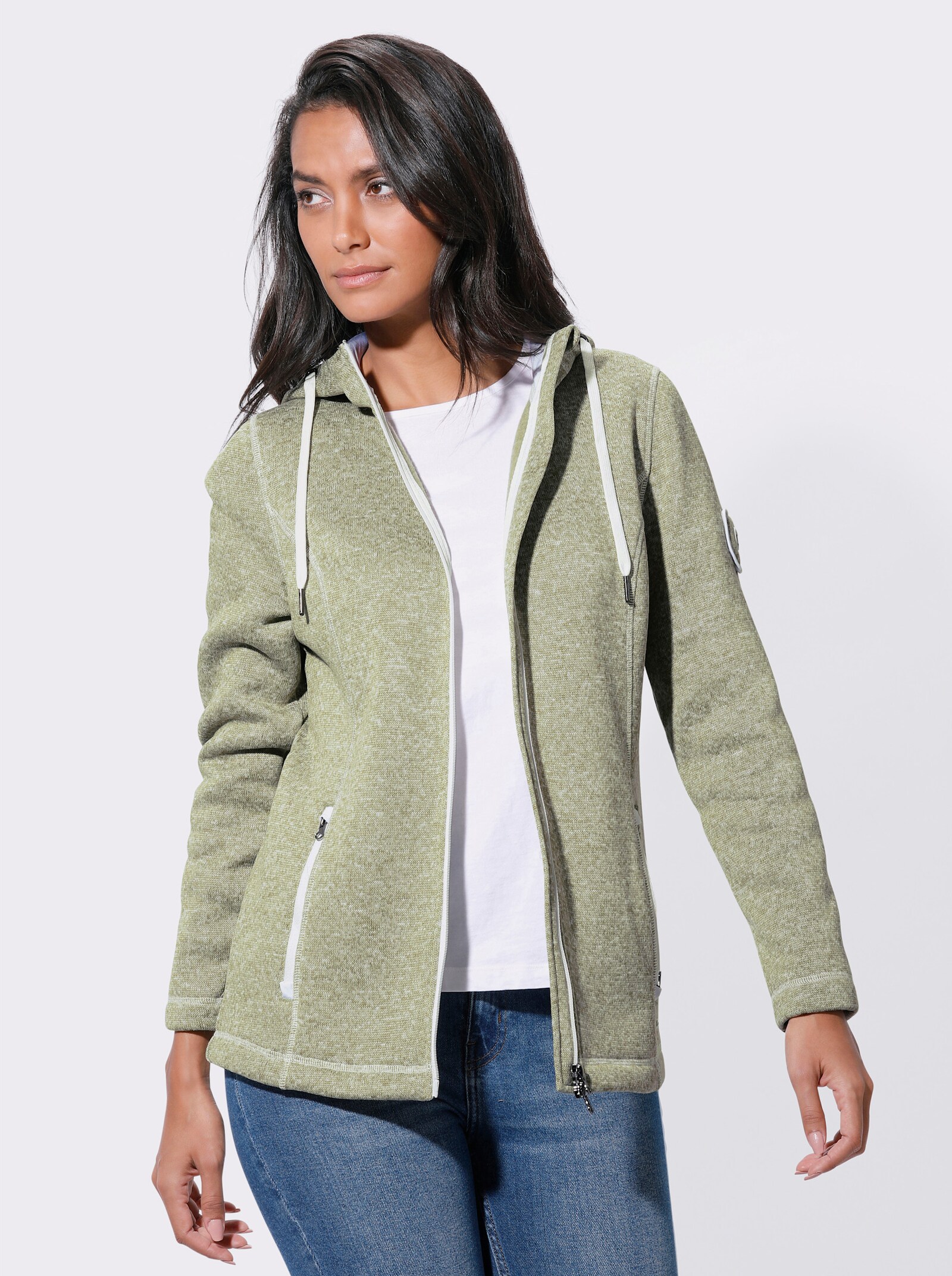 Strickfleece-Jacke mit Kapuze - schilf-ecru-meliert