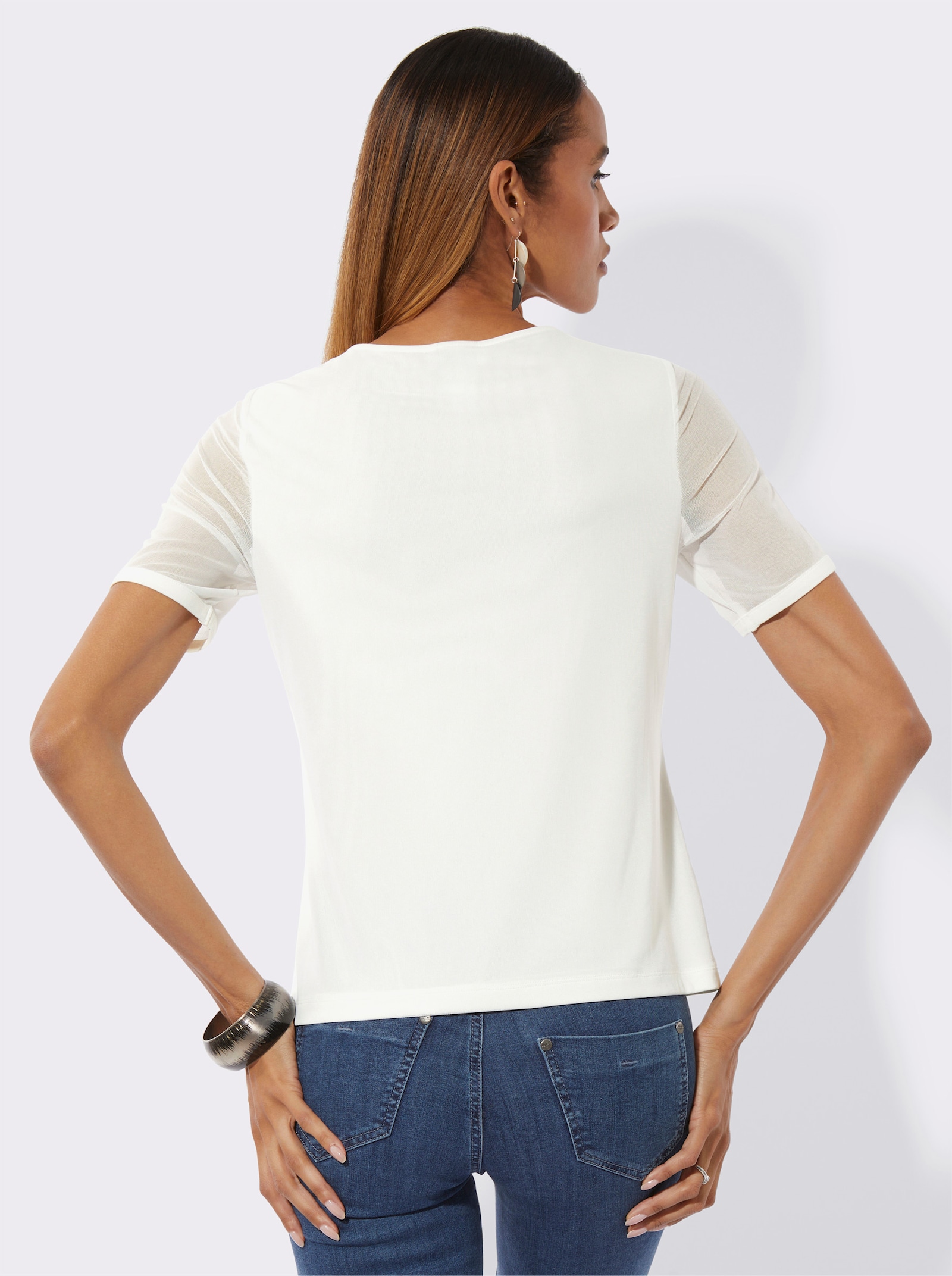 Kurzarmshirt mit Bändchen-Verzierung - ecru