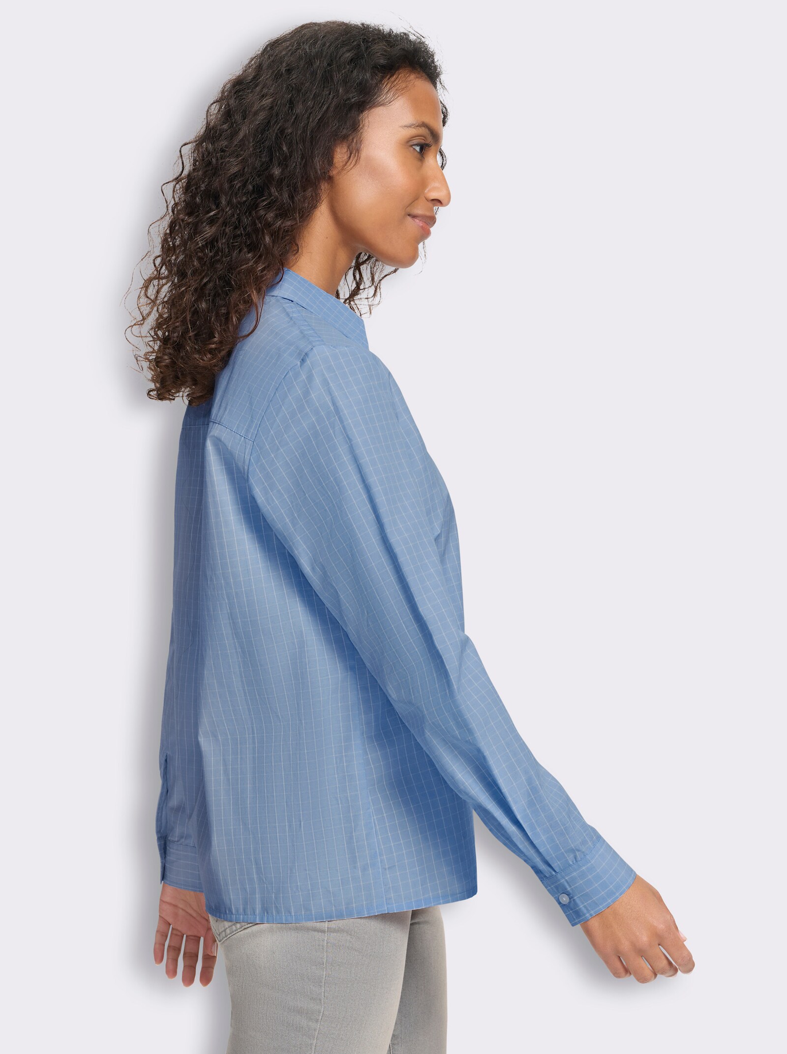 heine Karobluse mit V-Ausschnitt - bleu-ecru-kariert