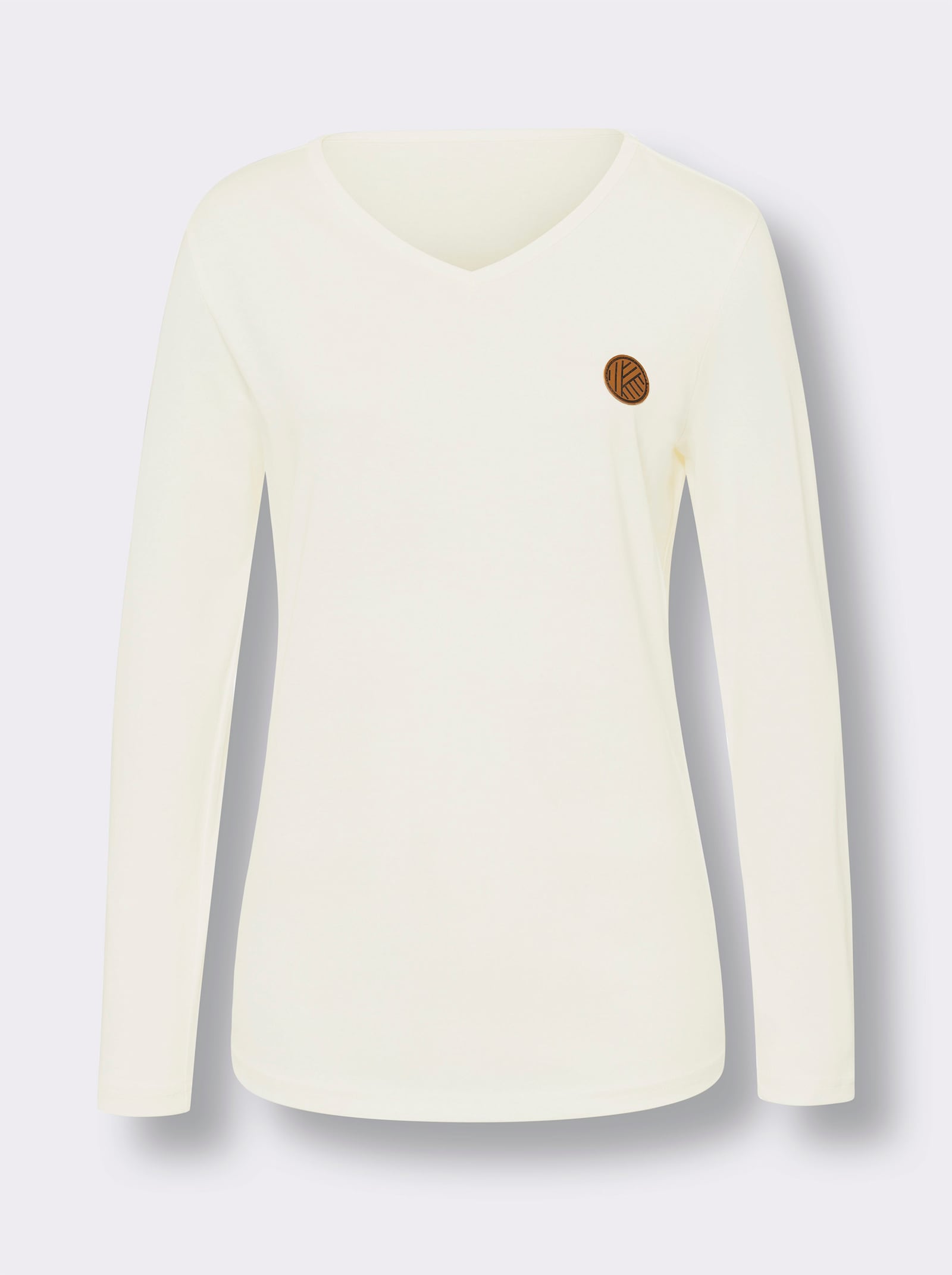 V-Shirt mit Lederimitat-Patch - ecru