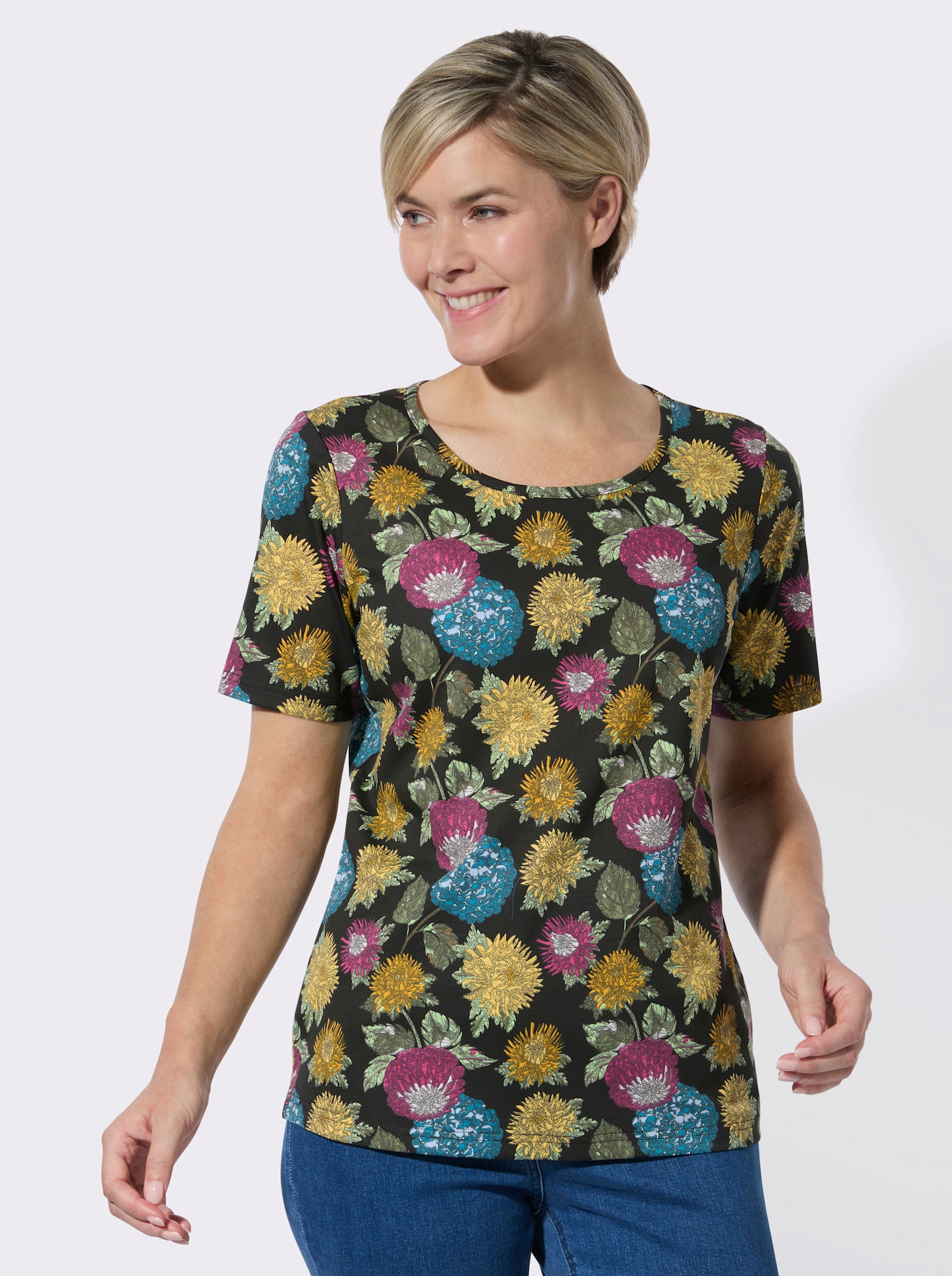 Print-Shirt mit floralem Muster - schwarz-gelb-bedruckt