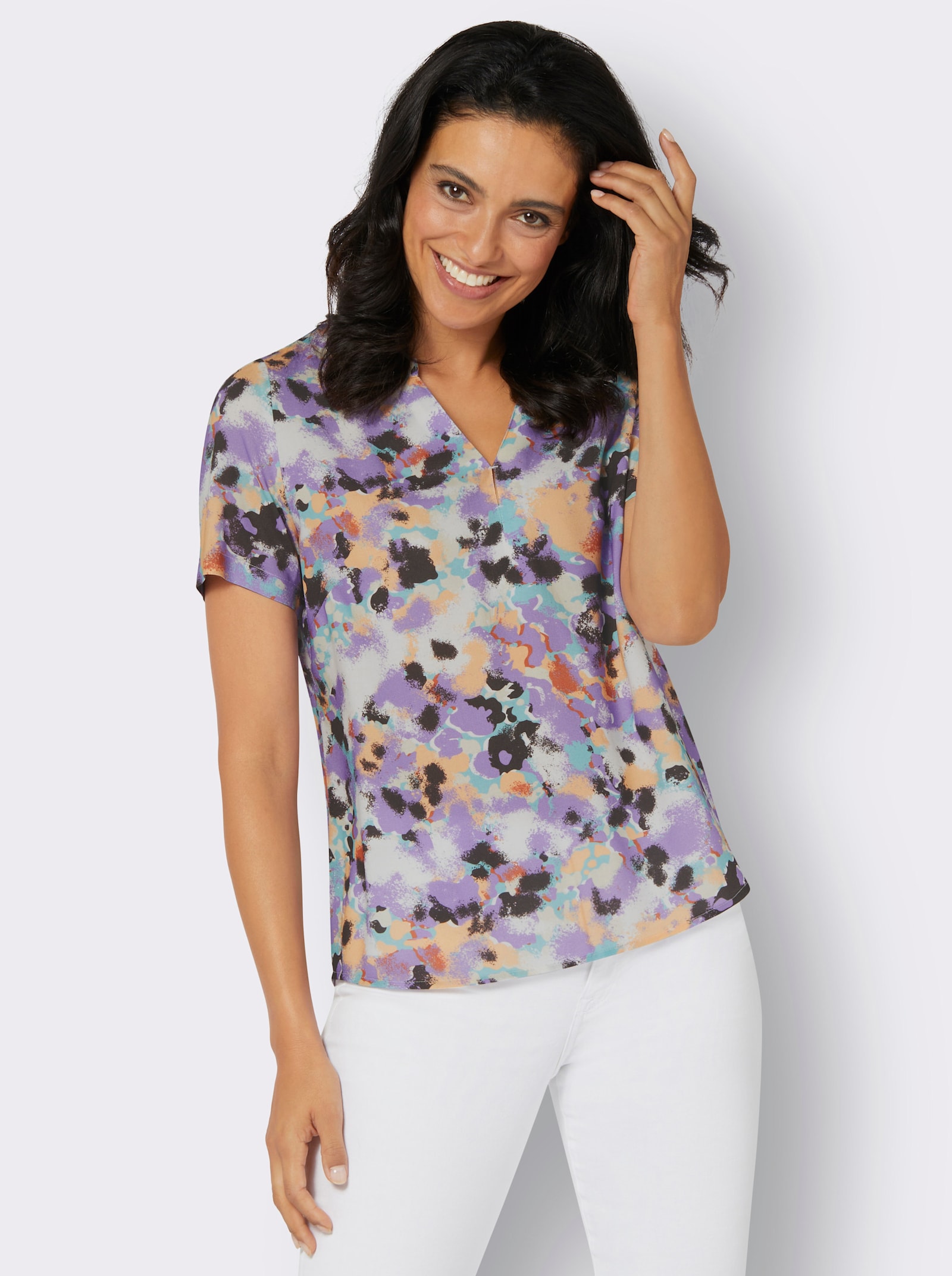 Druckbluse in gewebter Qualität - apricot-lavendel-bedruckt