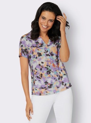 Druckbluse in gewebter Qualität - apricot-lavendel-bedruckt