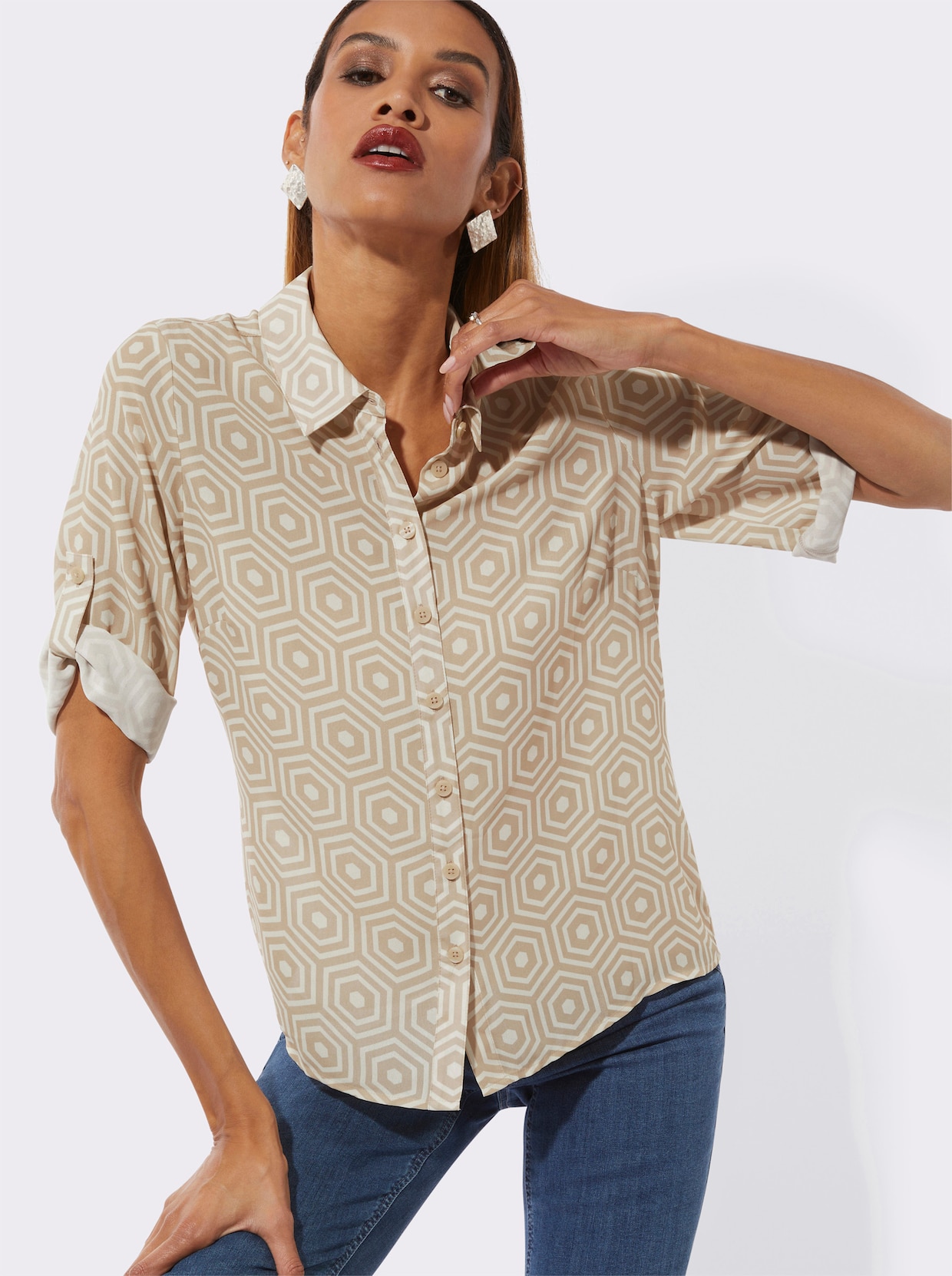 Hemdbluse - ecru-sand-gemustert