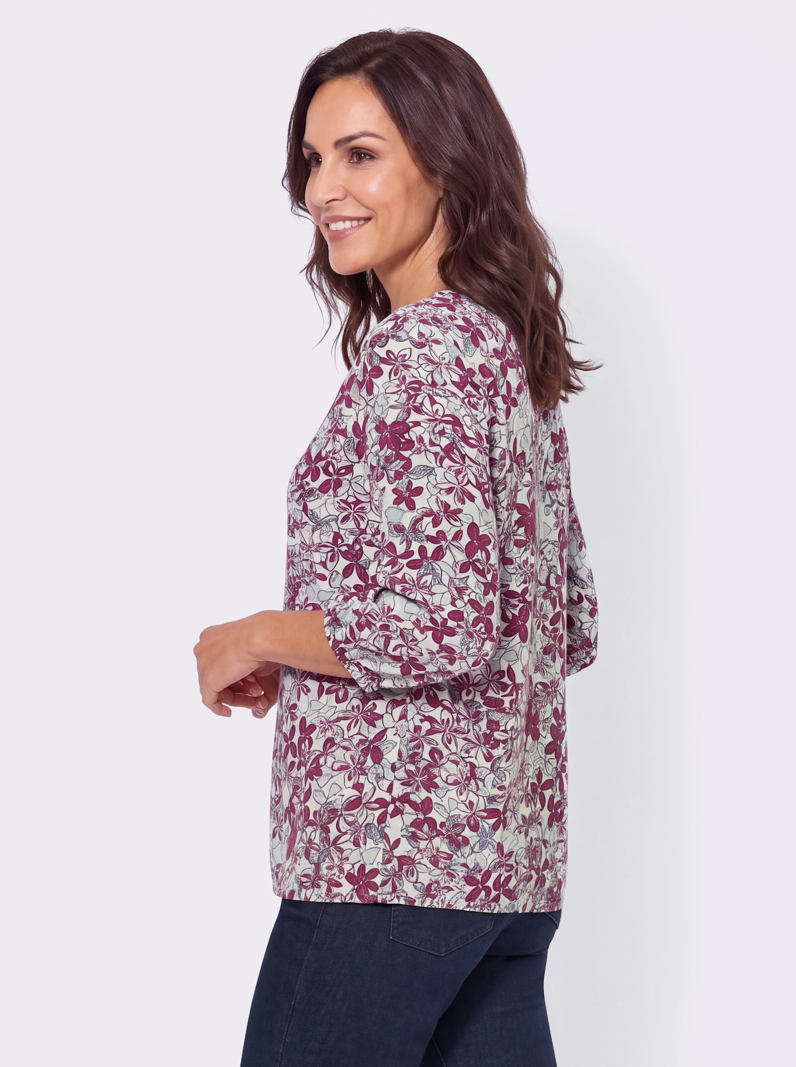 Schlupf-Bluse mit Gummizug an den Ärmeln - rosé-taubenblau-bedruckt